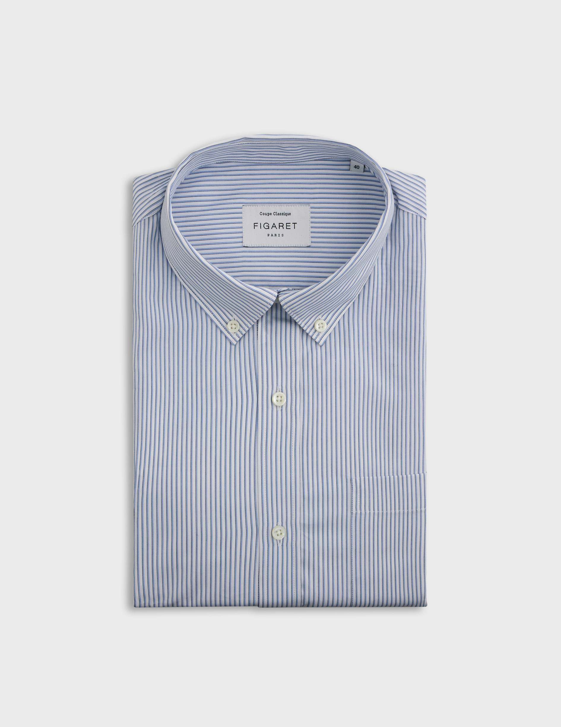 Chemise col américain avec poche poitrine en popeline rayée bleu