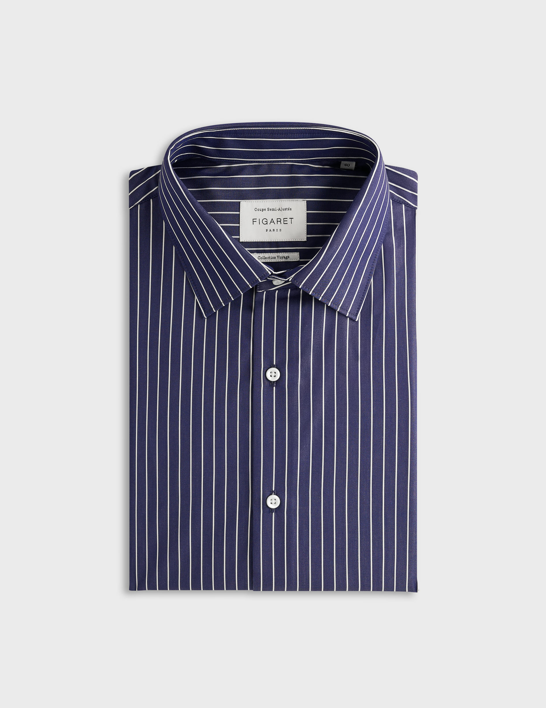 Chemise voyage col figaret en popeline rayée marine