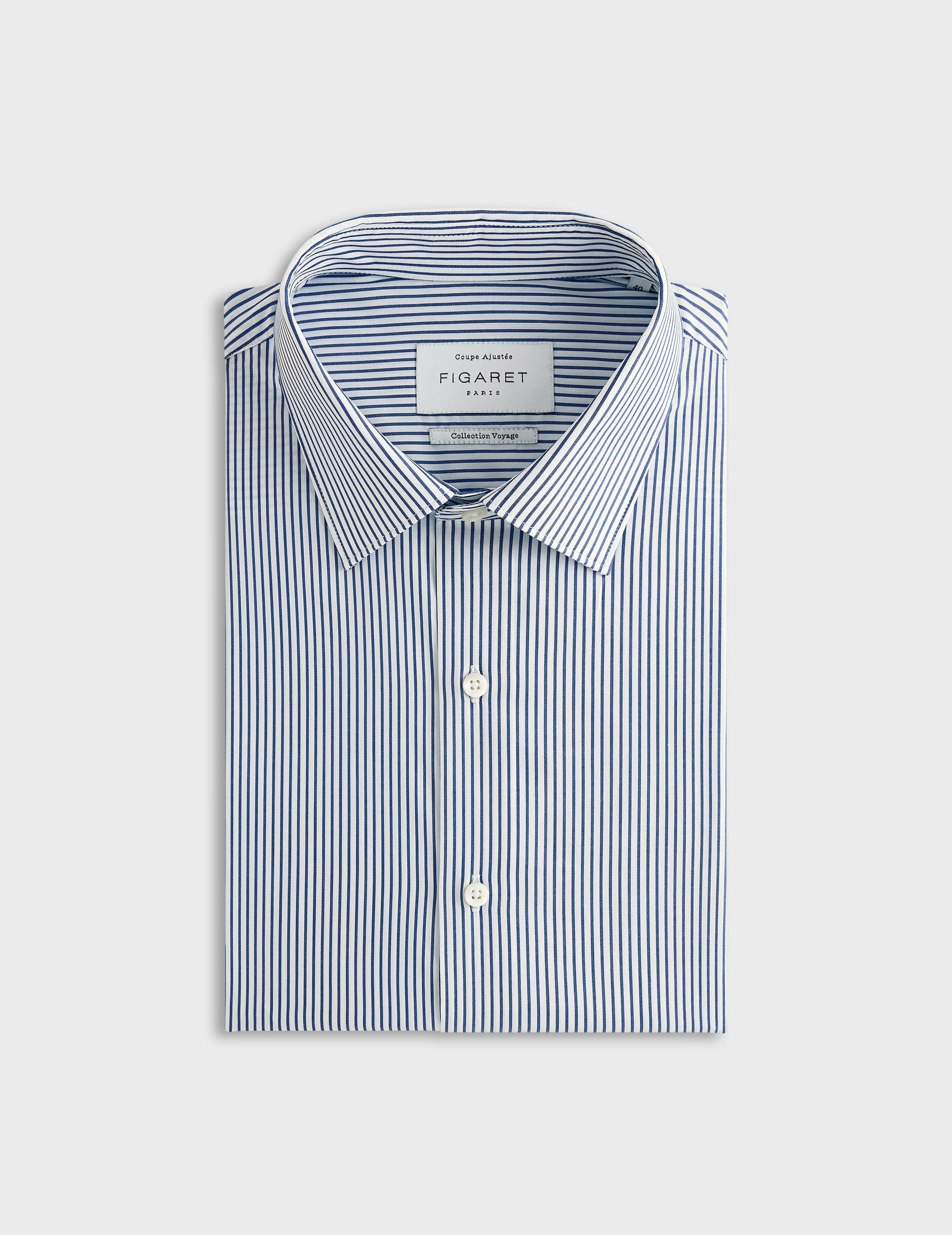 Chemise voyage col figaret en popeline rayée marine