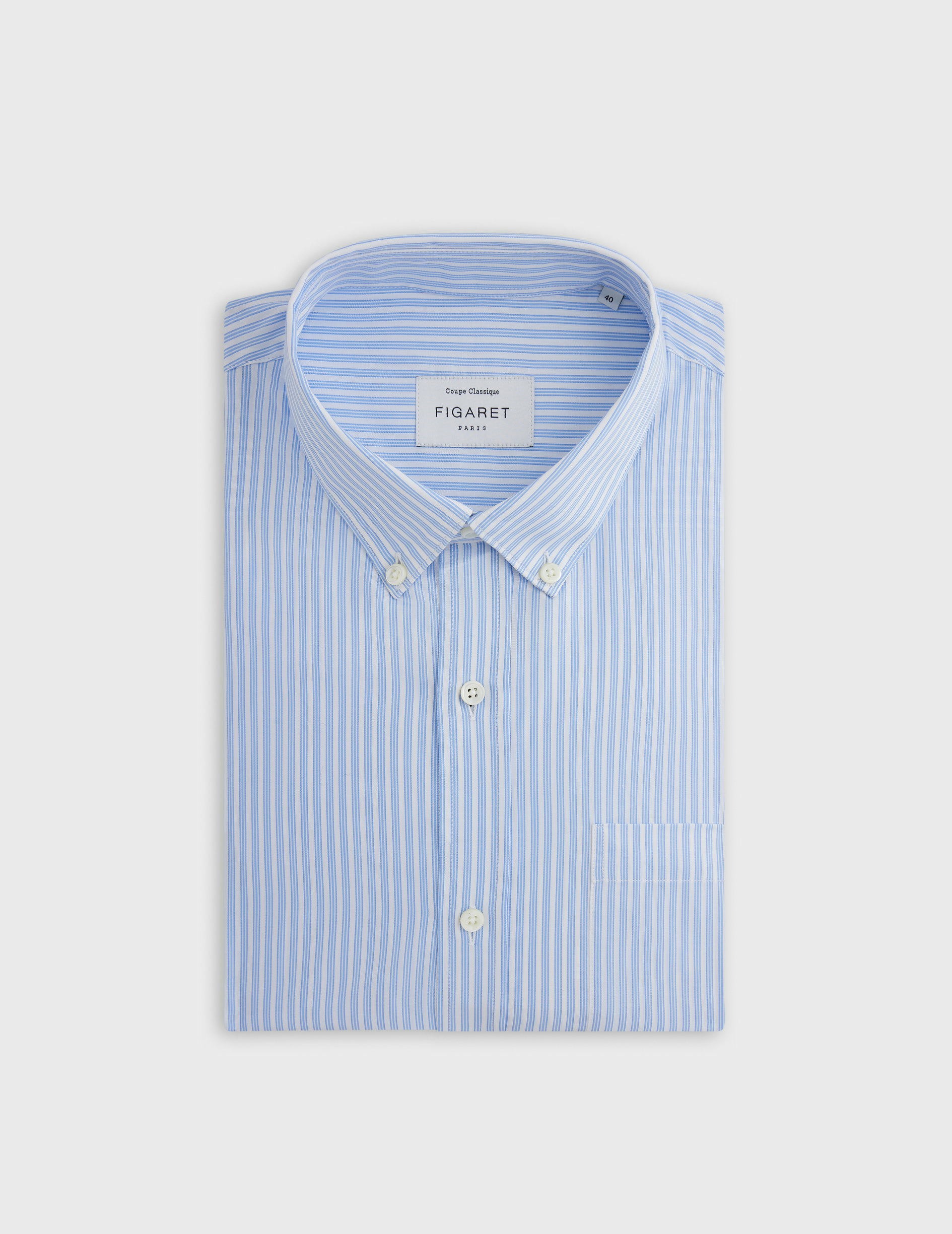 Chemise col américain avec poche poitrine en twill de coton rayé bleu
