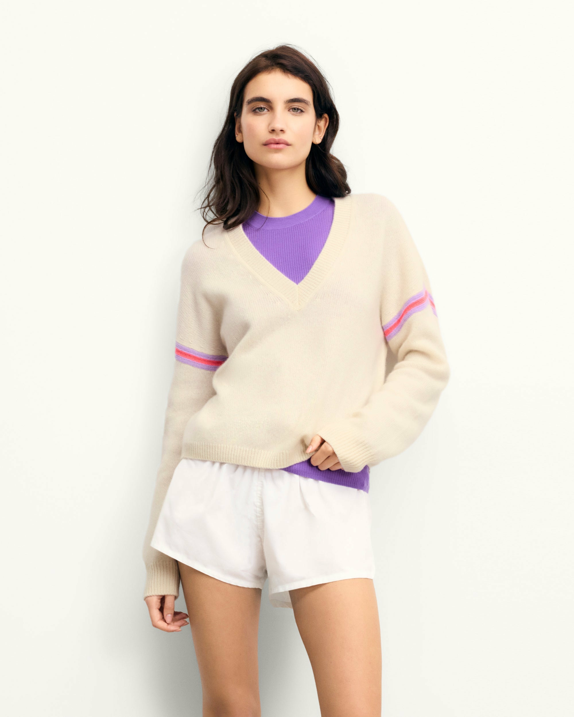 Pull Col V Bandes Bicolores Manches