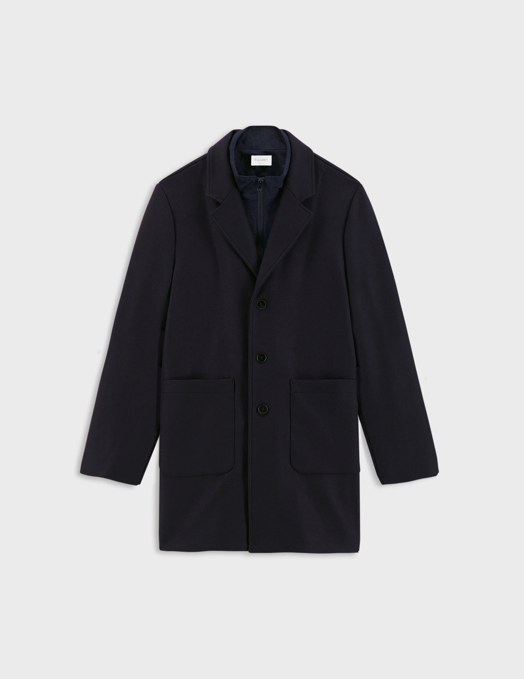 Manteau ivain en drap de laine avec parmenture en toile de laine marine