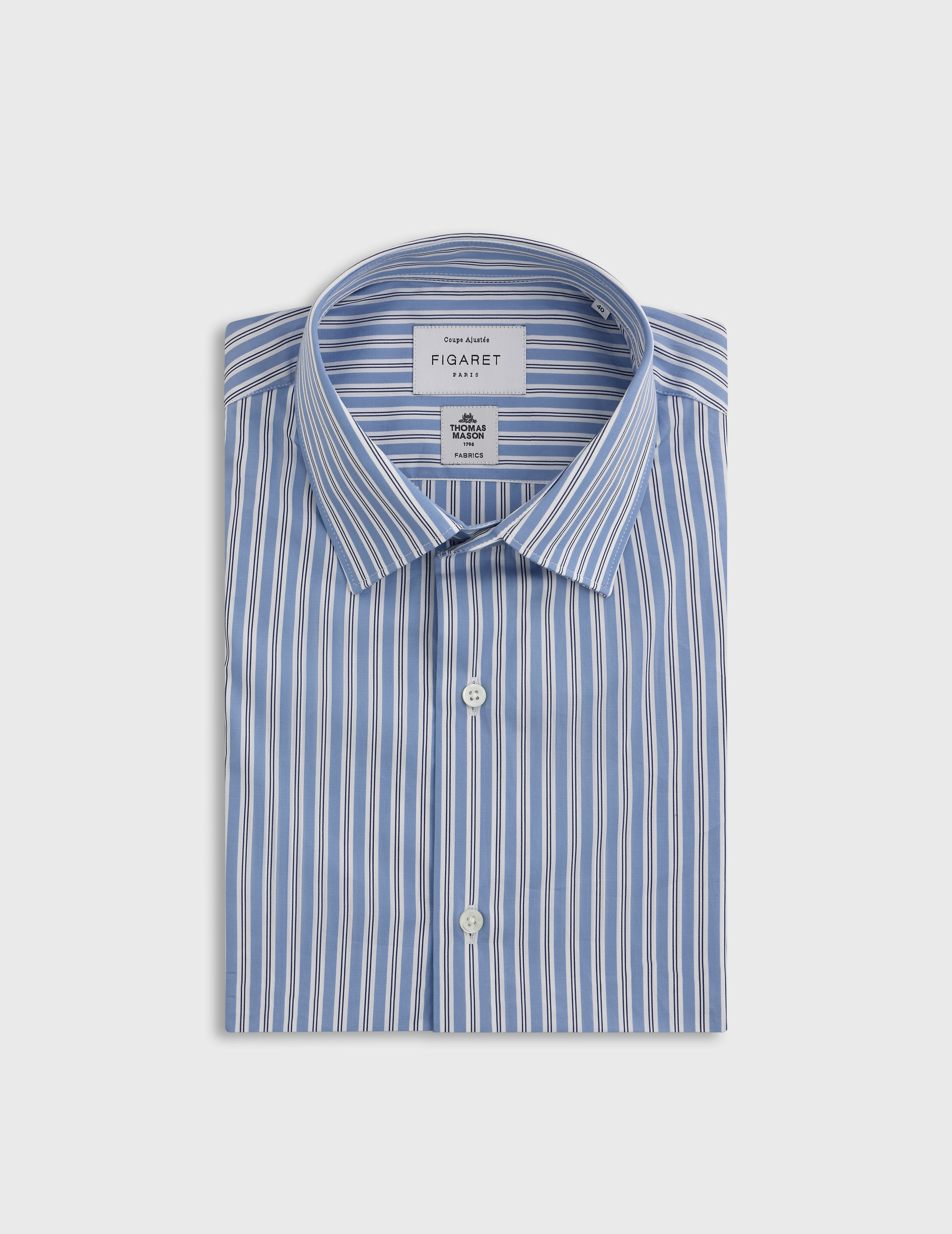 Chemise col figaret avec poignets mousquetaires en popeline rayée bleu
