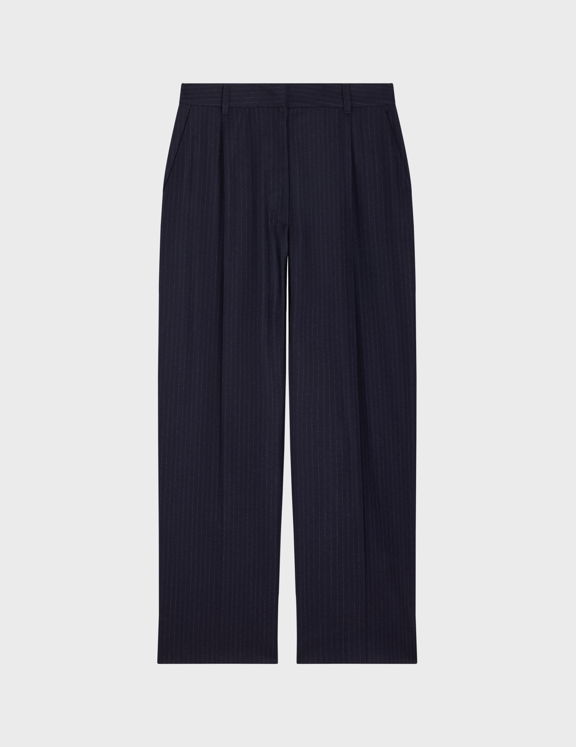Pantalon droit grazia taille haute en twill de laine rayée marine