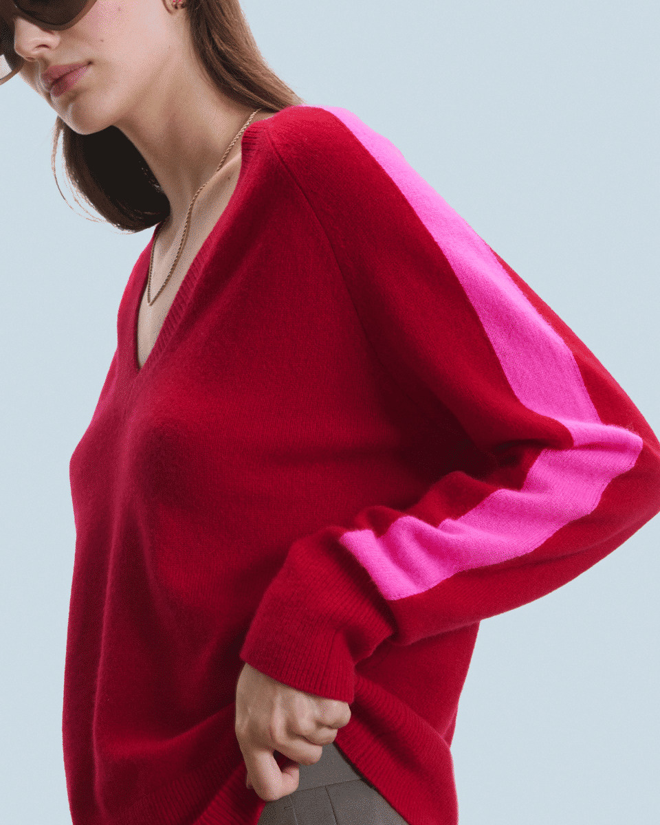 Pull Col V Oversize Bandes Bicolore Léger