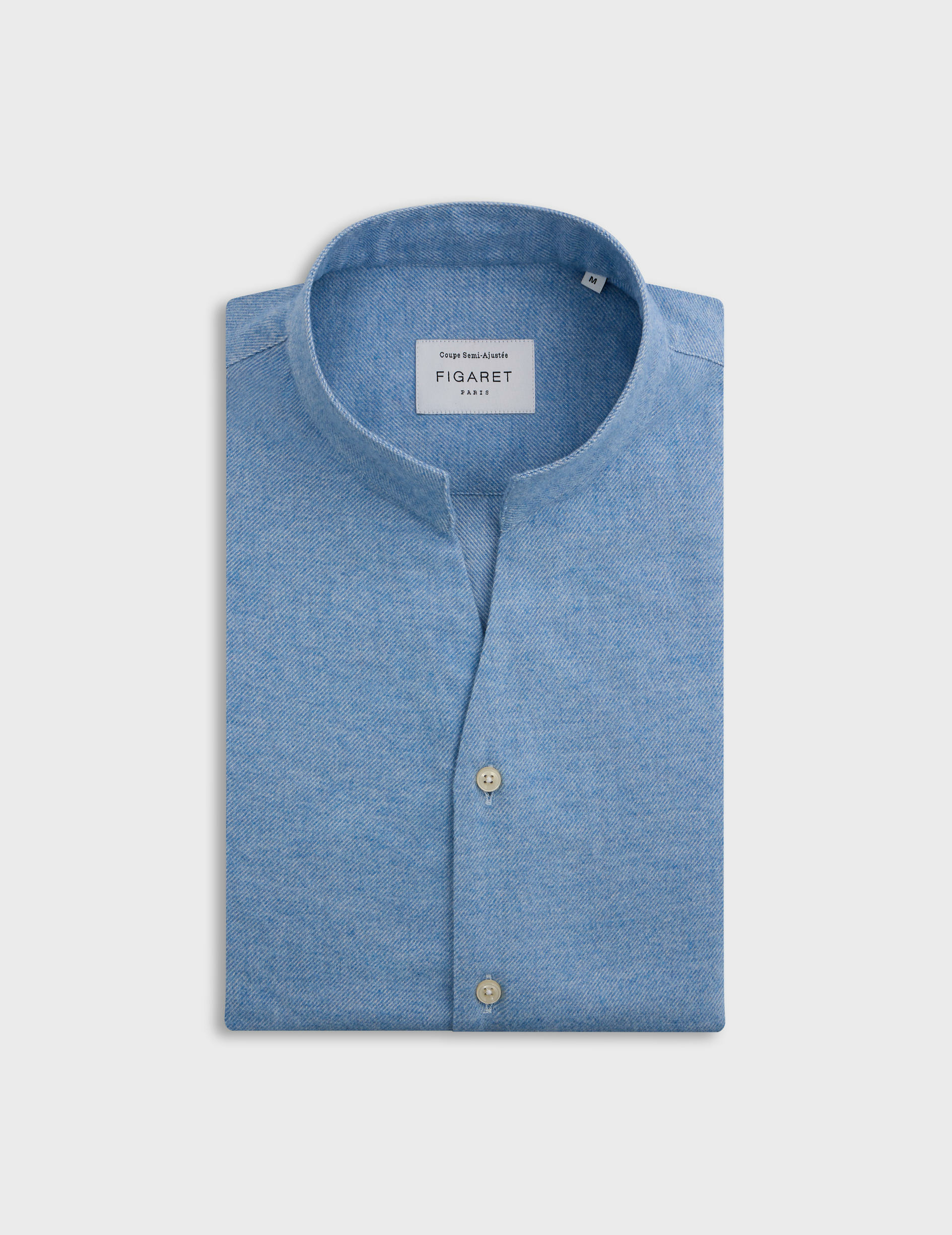 Chemise carl col droit ouvert en flanelle de coton unie bleu