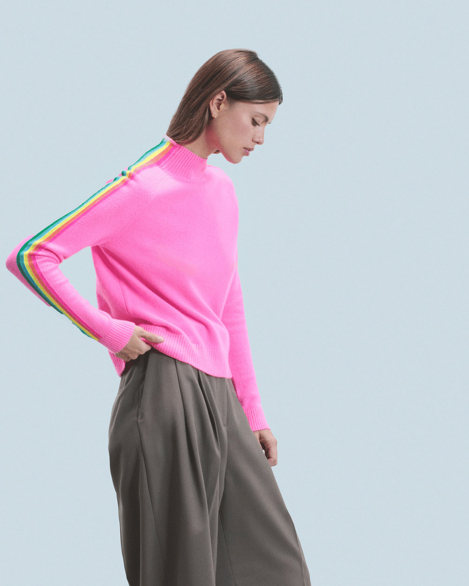 Pull Col Montant Bandes Manches Multicolores Léger