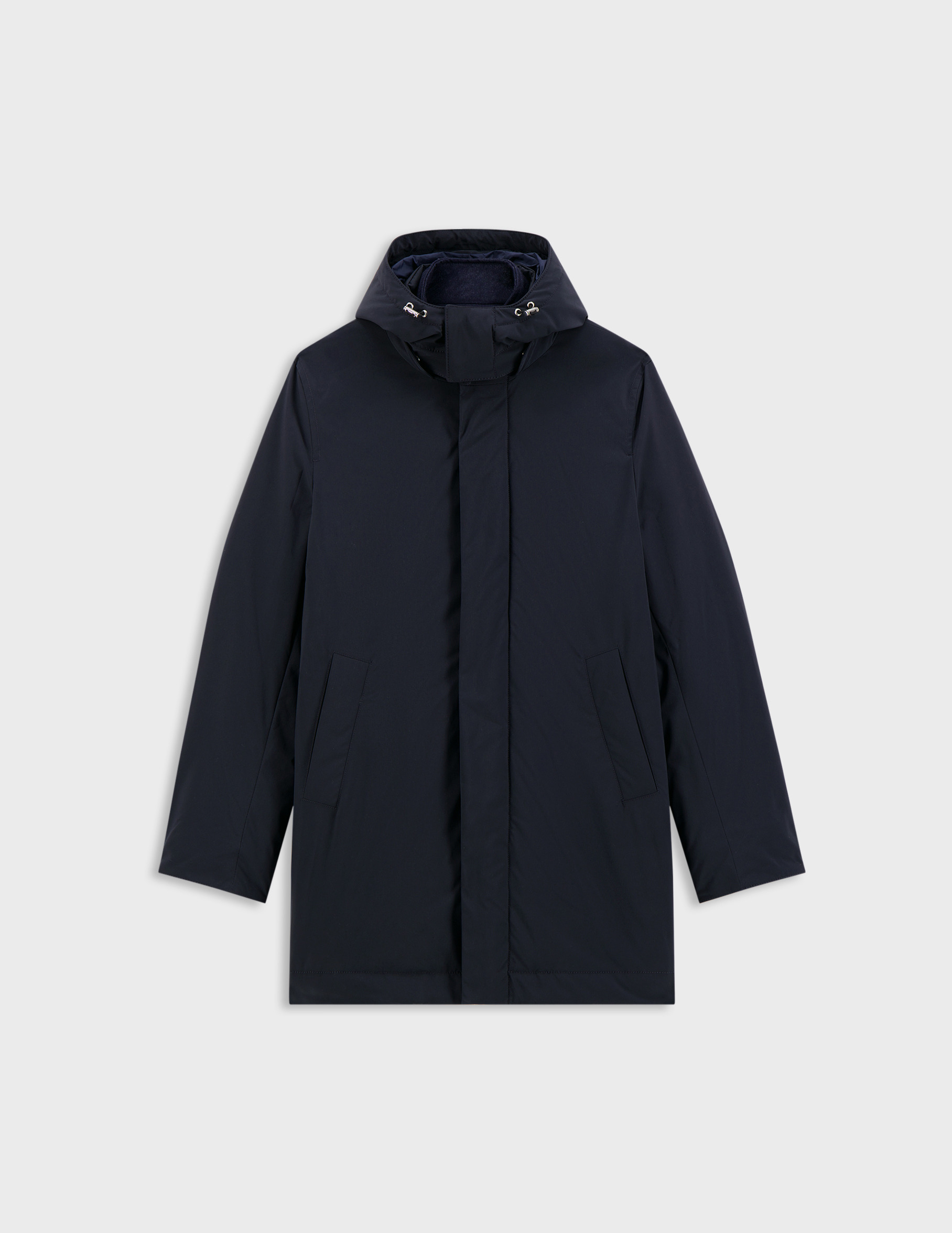 Parka iliame en tissu technique avec parmenture en toile de laine unie marine