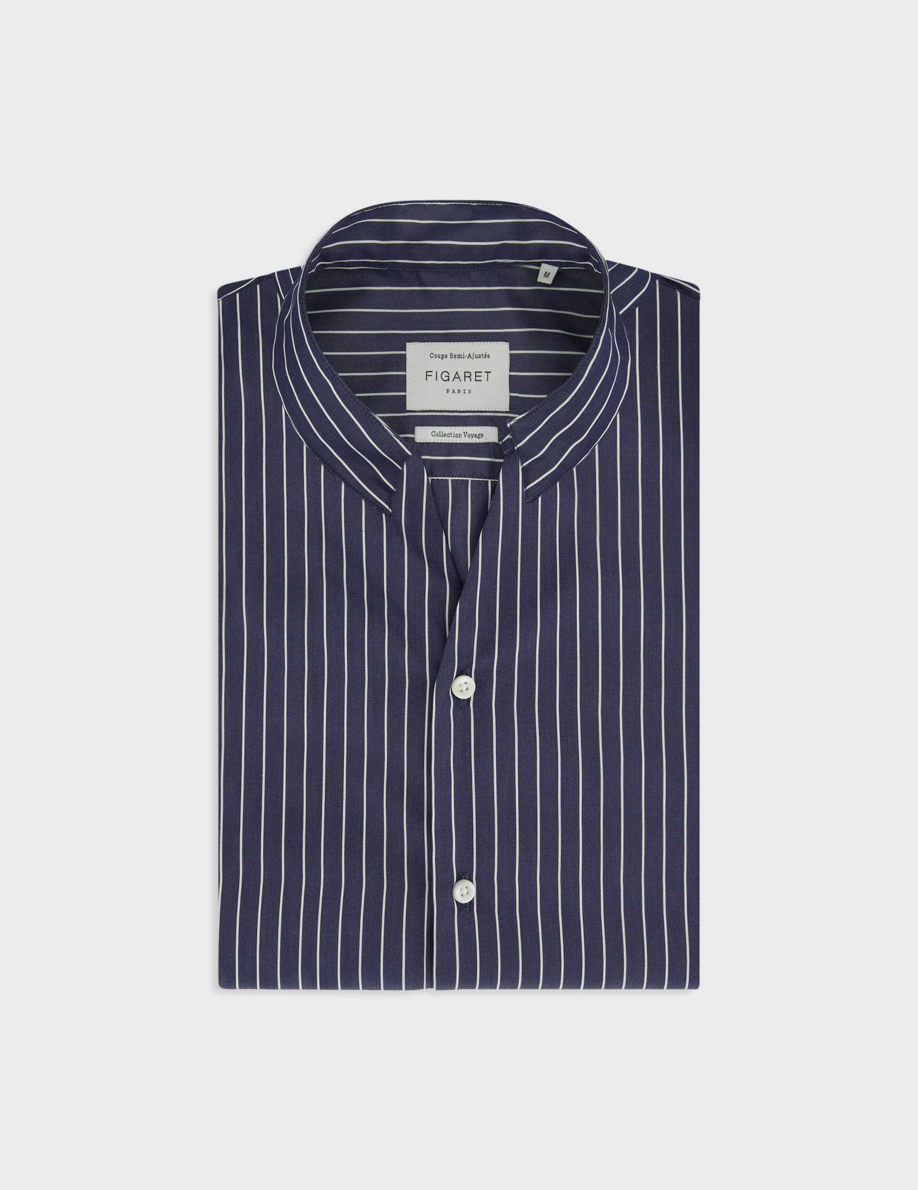Chemise carl voyage col droit ouvert en popeline rayée marine