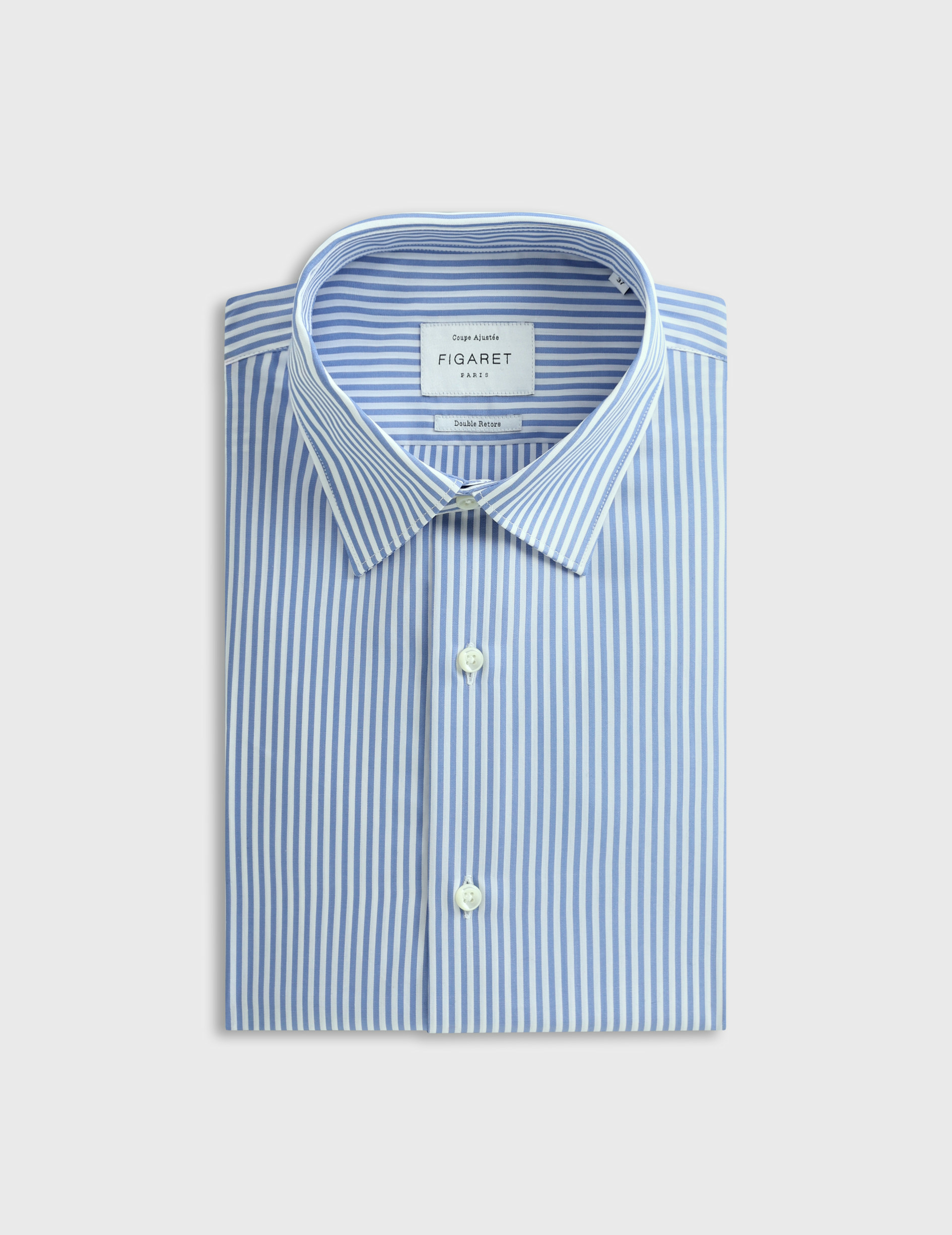 Chemise col figaret avec poignets mousquetaires en popeline rayée bleu