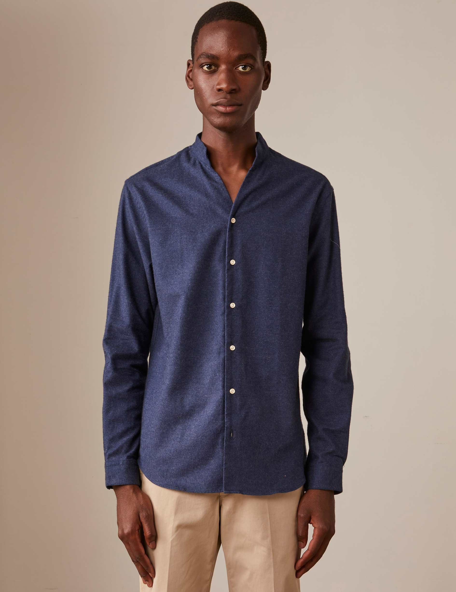 Chemise carl col droit ouvert en flanelle de coton et cachemire bleu