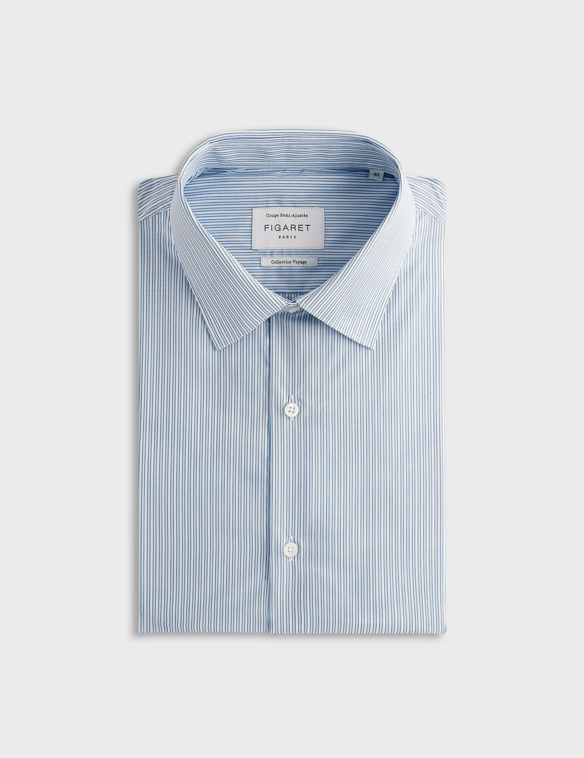 Chemise voyage col figaret en popeline rayée bleu