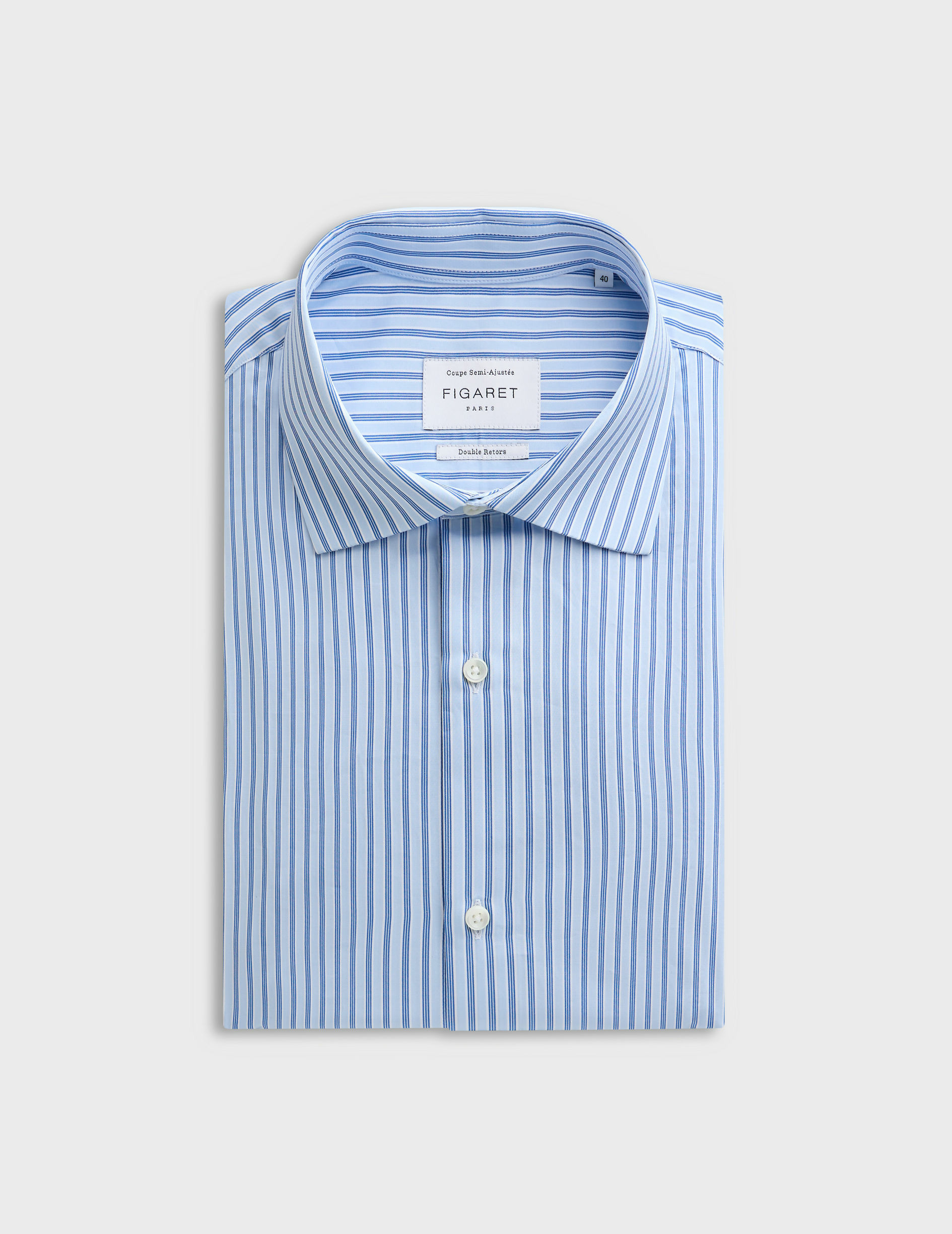 Chemise col italien en popeline rayée bleu