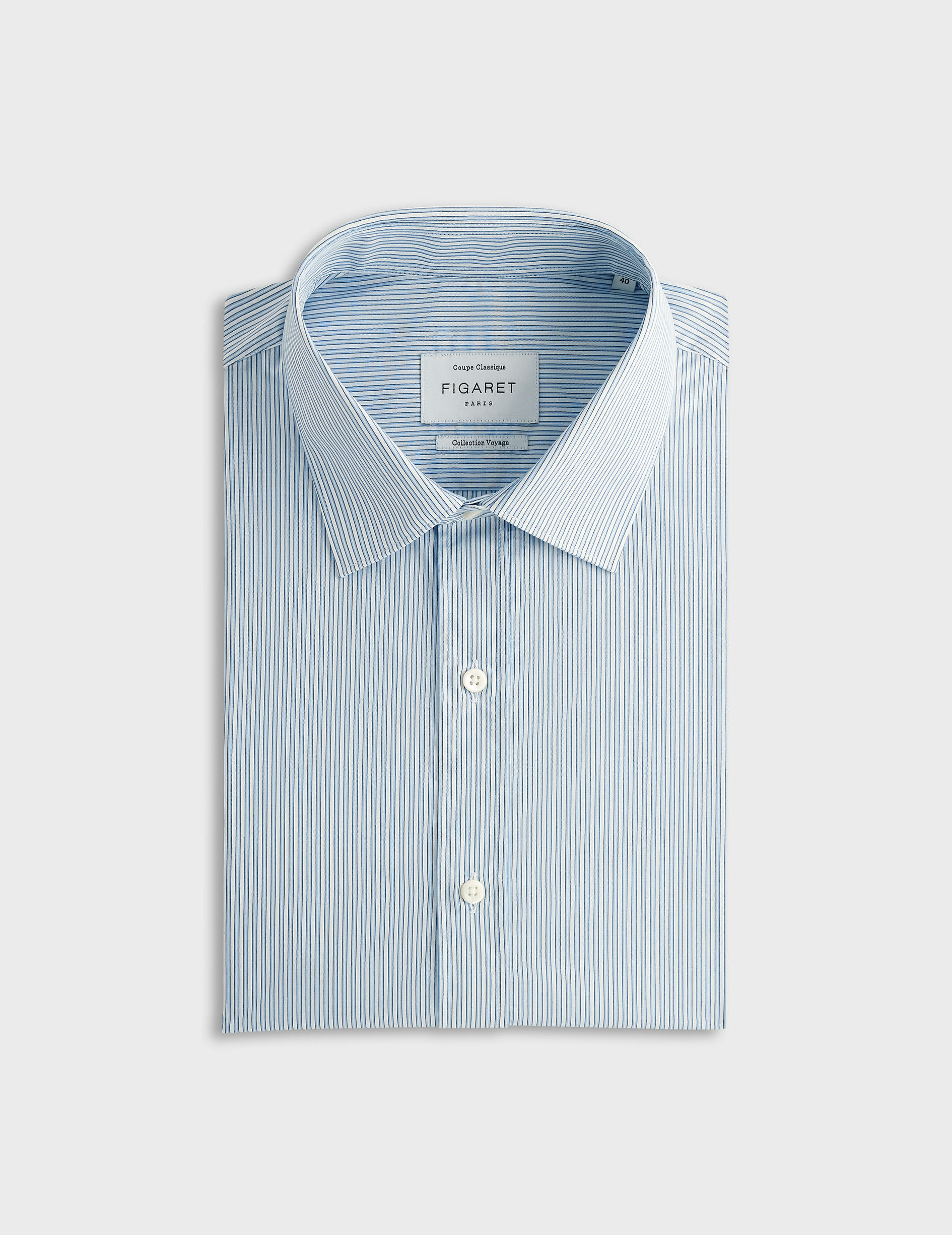 Chemise voyage col figaret en popeline rayée bleu