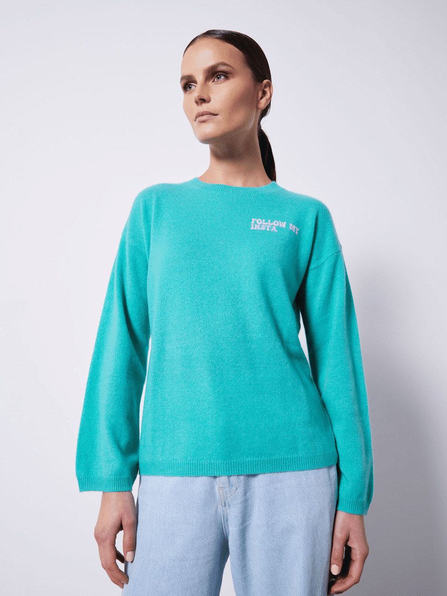 Pull cachemire col rond message “Insta Me” FRESH MINT