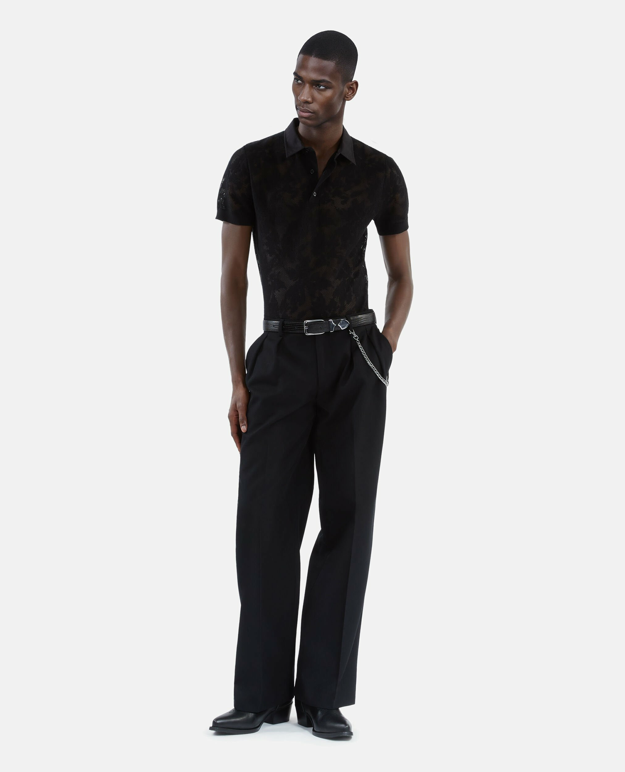 Polo En Maille Effet Dentelle Noir Homme