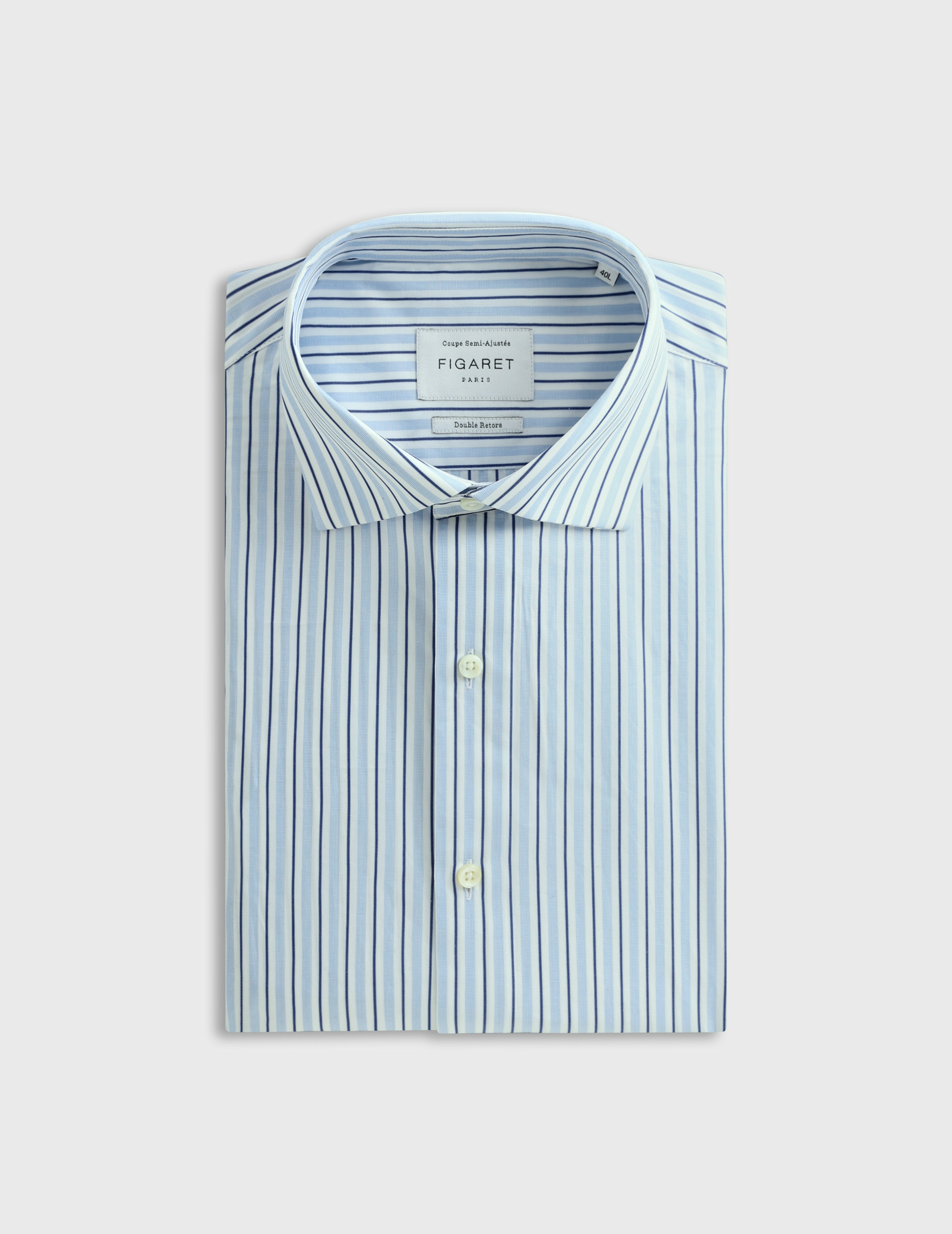 Chemise col italien en popeline rayée bleu