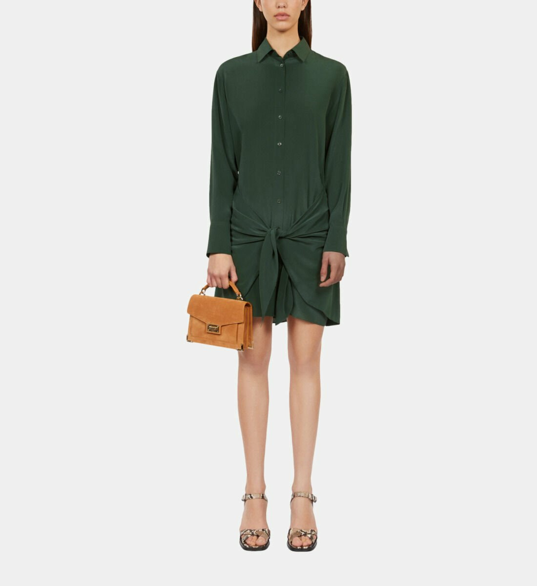 Robe Chemise Verte Courte Avec Nœud Femme