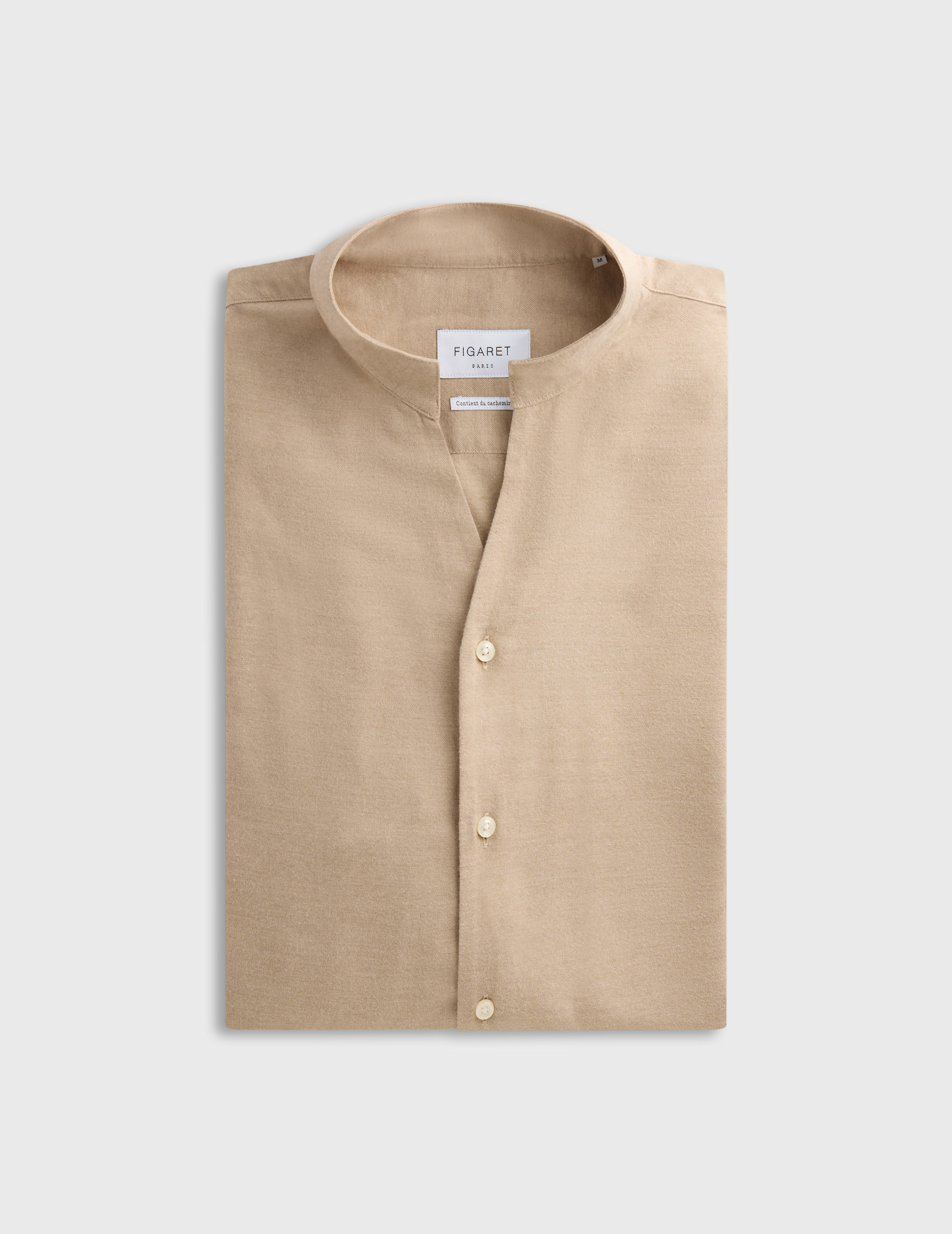 Chemise carl col droit ouvert en flanelle de coton et cachemire unie beige