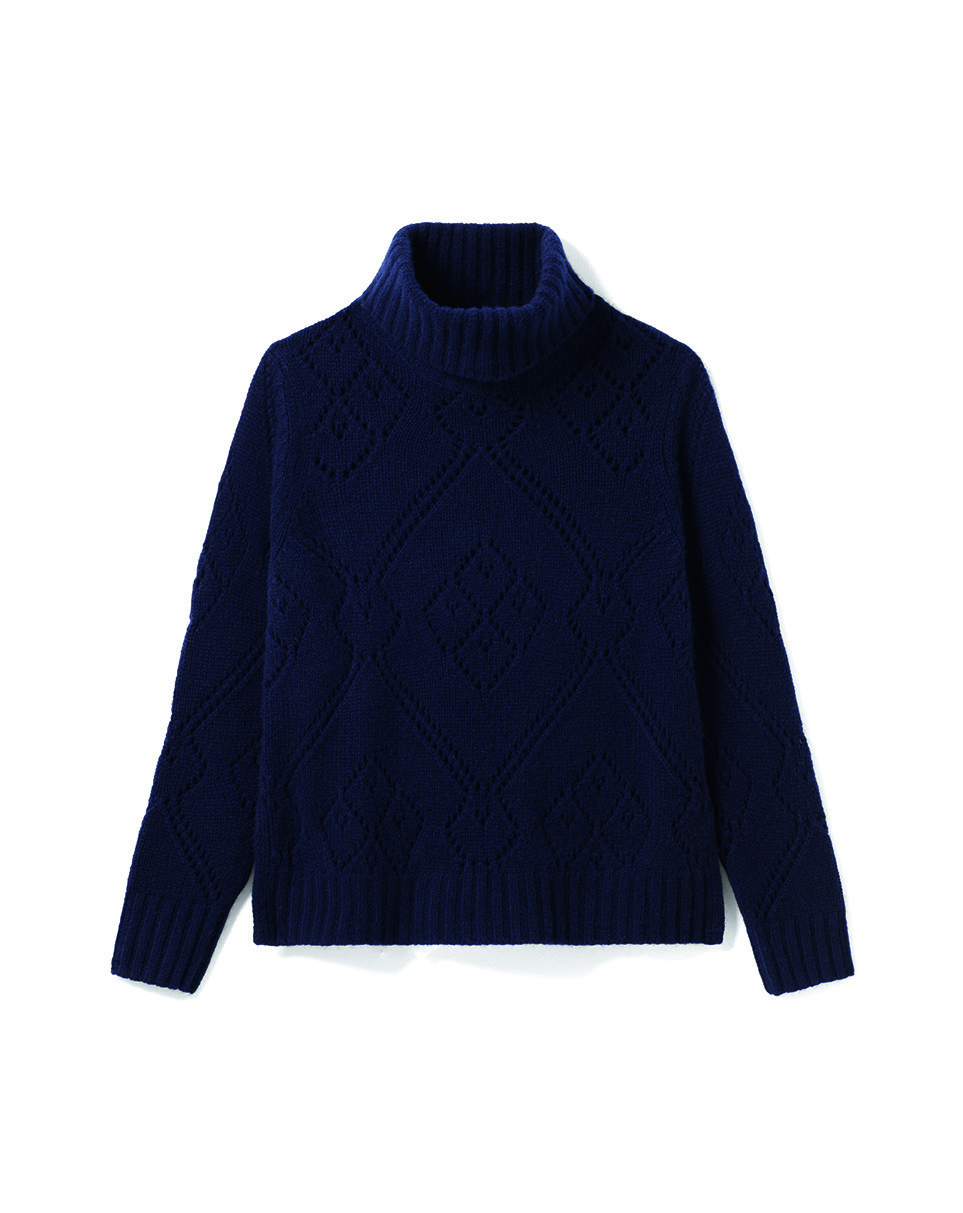 Pull col roulé losanges pointelle - Femme - MARINE