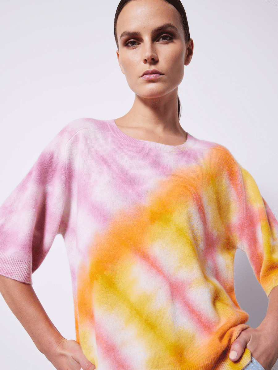 Pull cachemire col rond manches ¾ tie & dye Kaléidoscope GLYCINE/SUNFLOWER