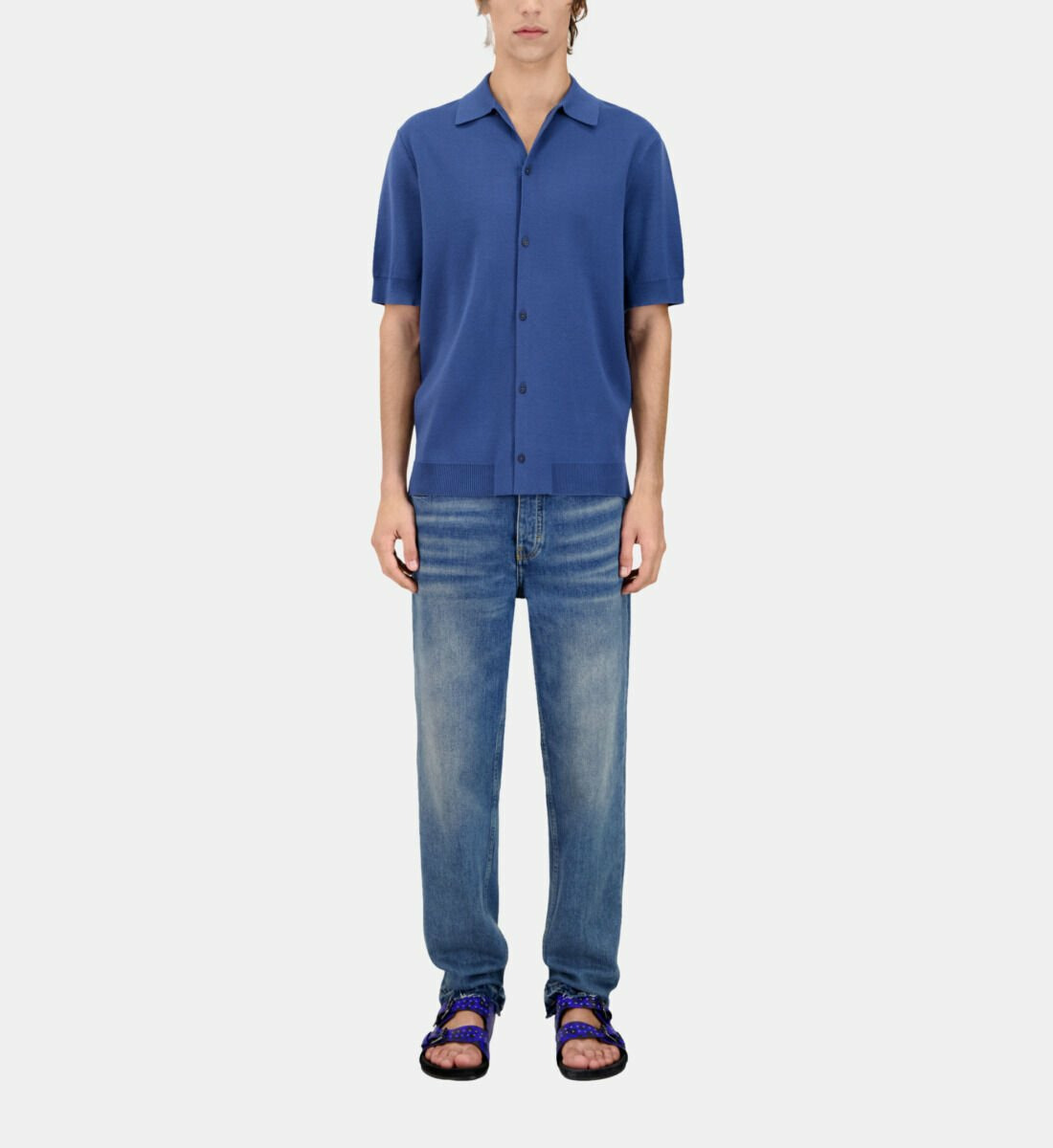 Chemise Bleue Manches Courtes En Maille Homme