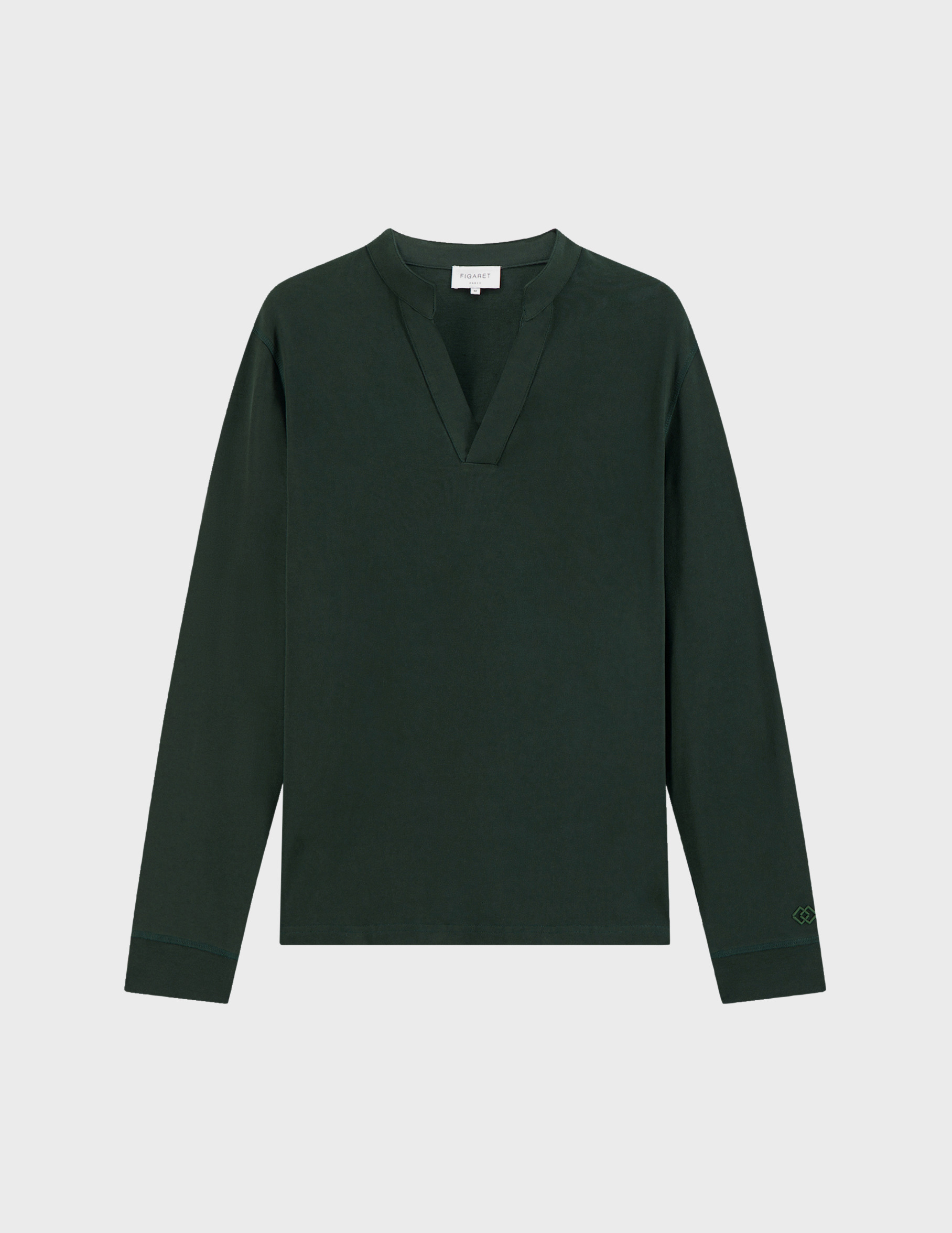 Tshirt charles manches longues avec col droit ouvert en coton épais uni vert fonce