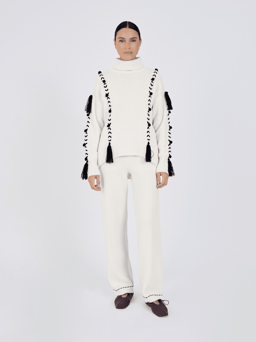 Pull col roulé pompons laine Klara ECRU / NOIR