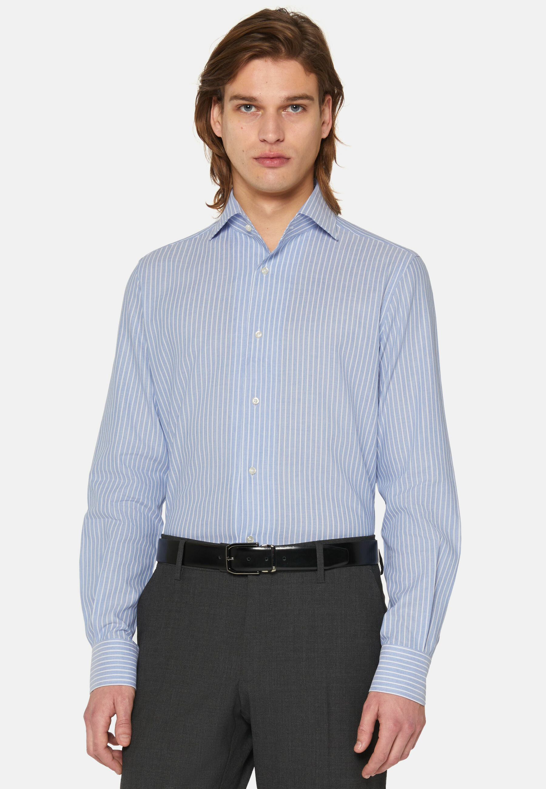 Chemise Bleue À Rayures En Coton Dobby Coupe Droite