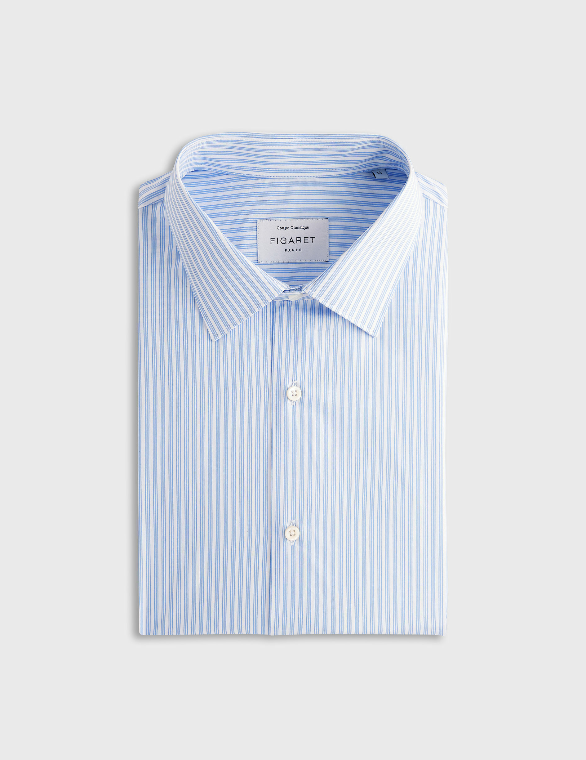 Chemise col figaret avec poignets mousquetaires en twill de coton rayé bleu