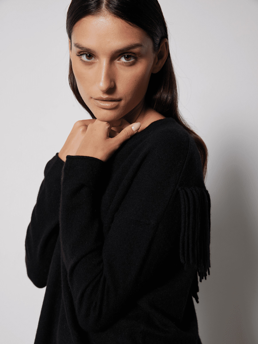 Pull poncho à franges cachemire Zaman NOIR