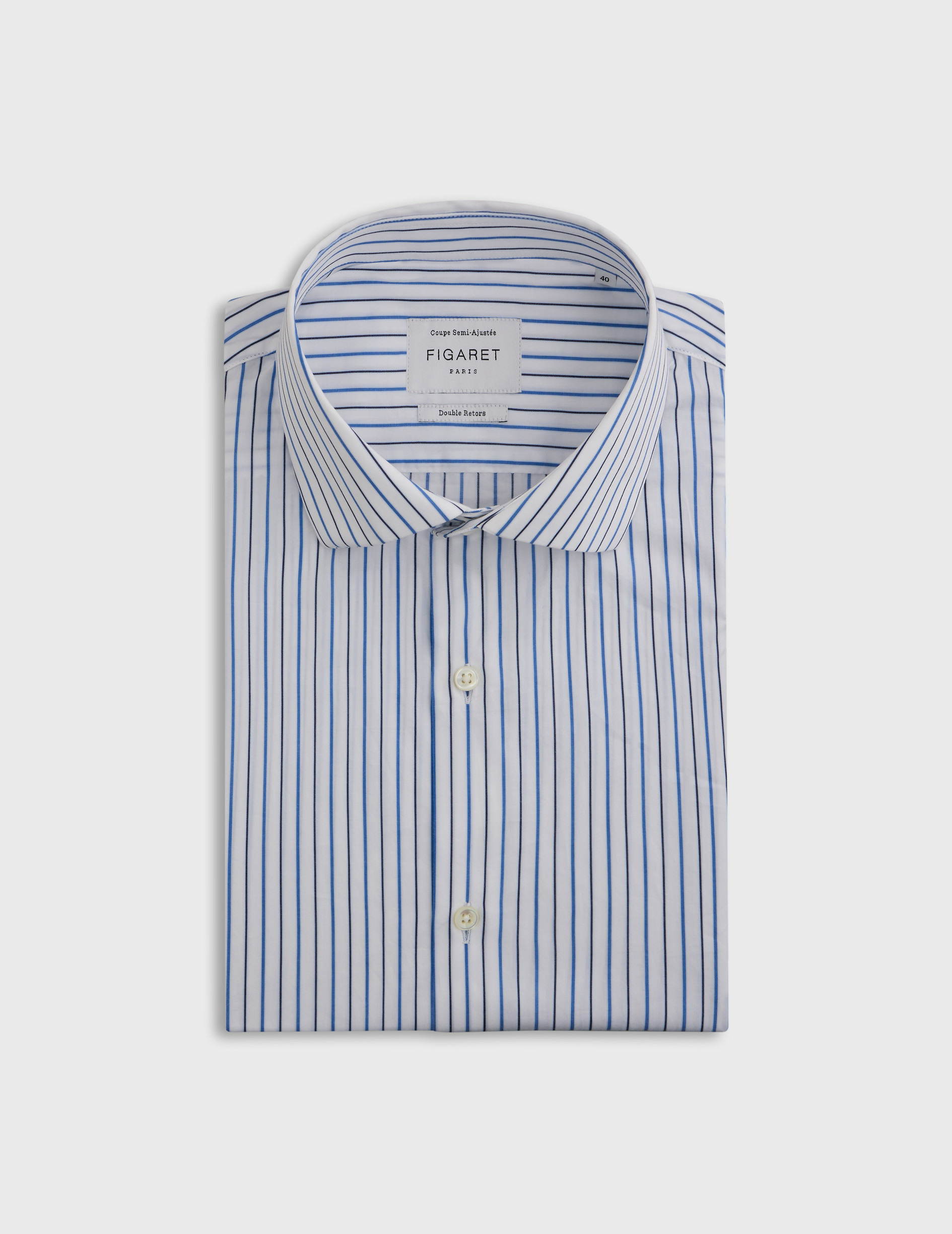 Chemise col italien en popeline rayée bleu