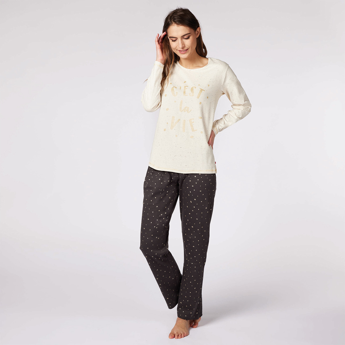 Pyjama femme C'EST LA VIE écru/anthracite imprimé
