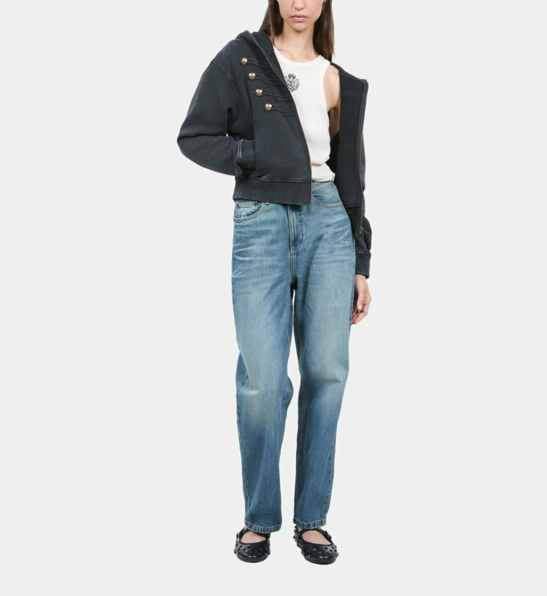 Sweatshirt Style Officier À Capuche Noir Femme