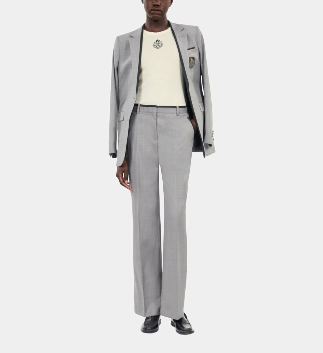 Pantalon Tailleur Droit En Laine Taupe Femme