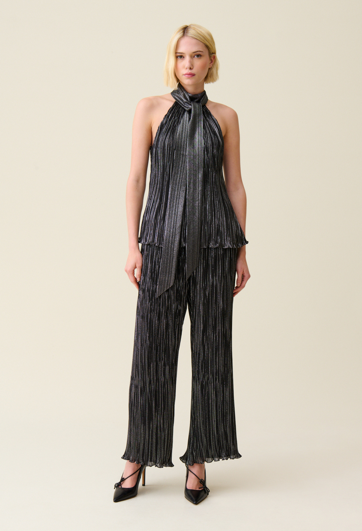 Top sans manches plissé argenté