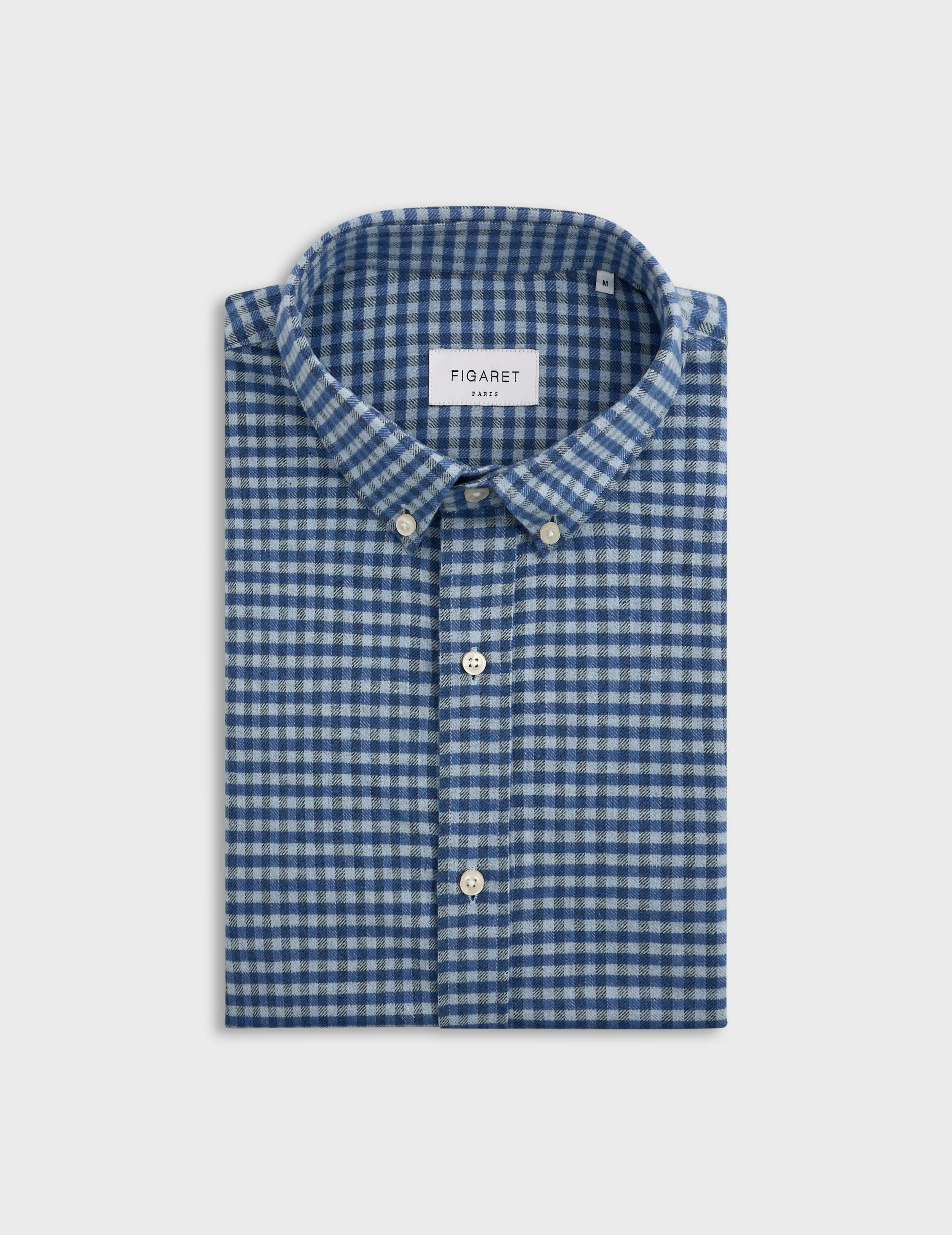 Chemise gaspard col américain en flanelle de coton à carreaux bleu
