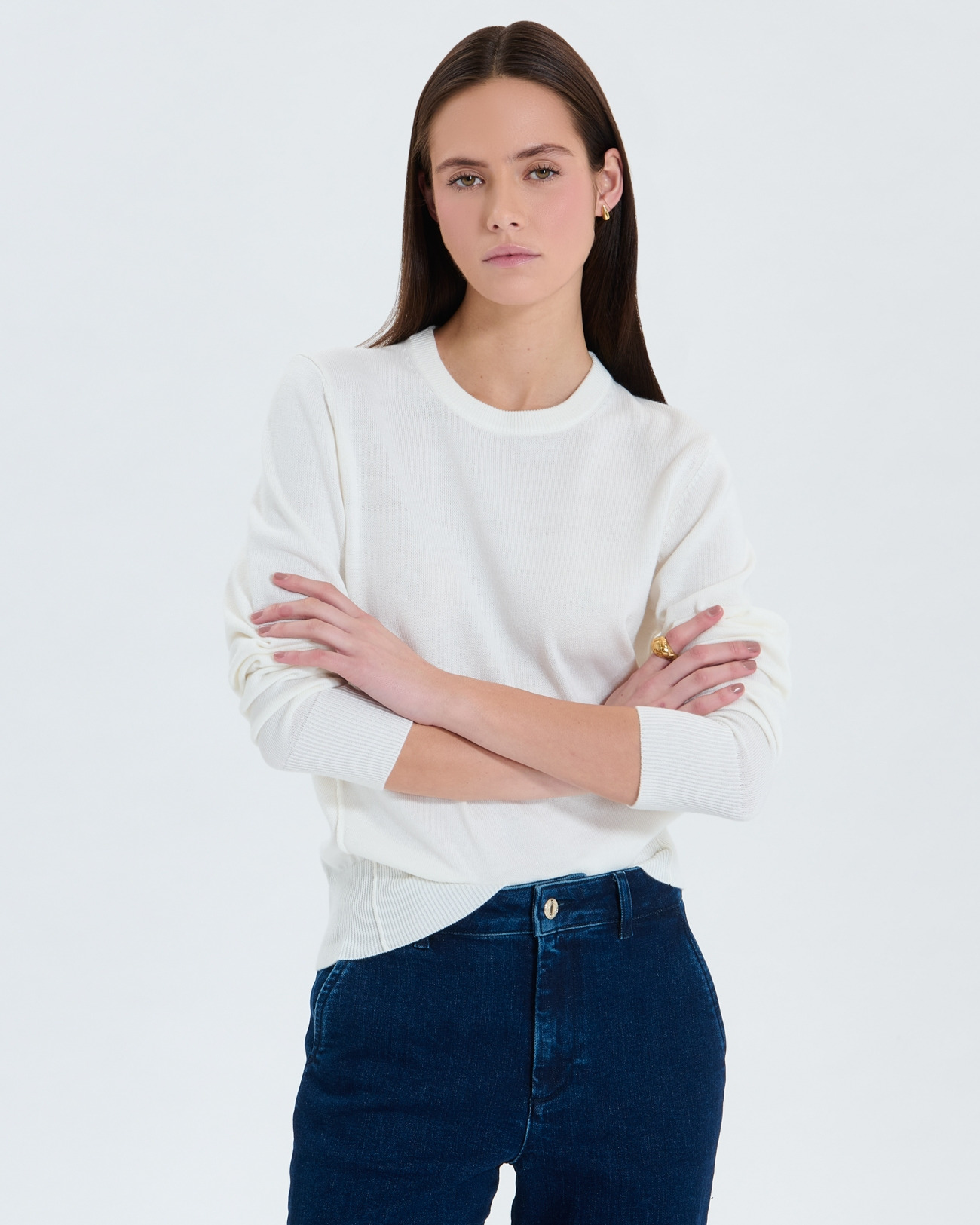 Pull fin à col V écru