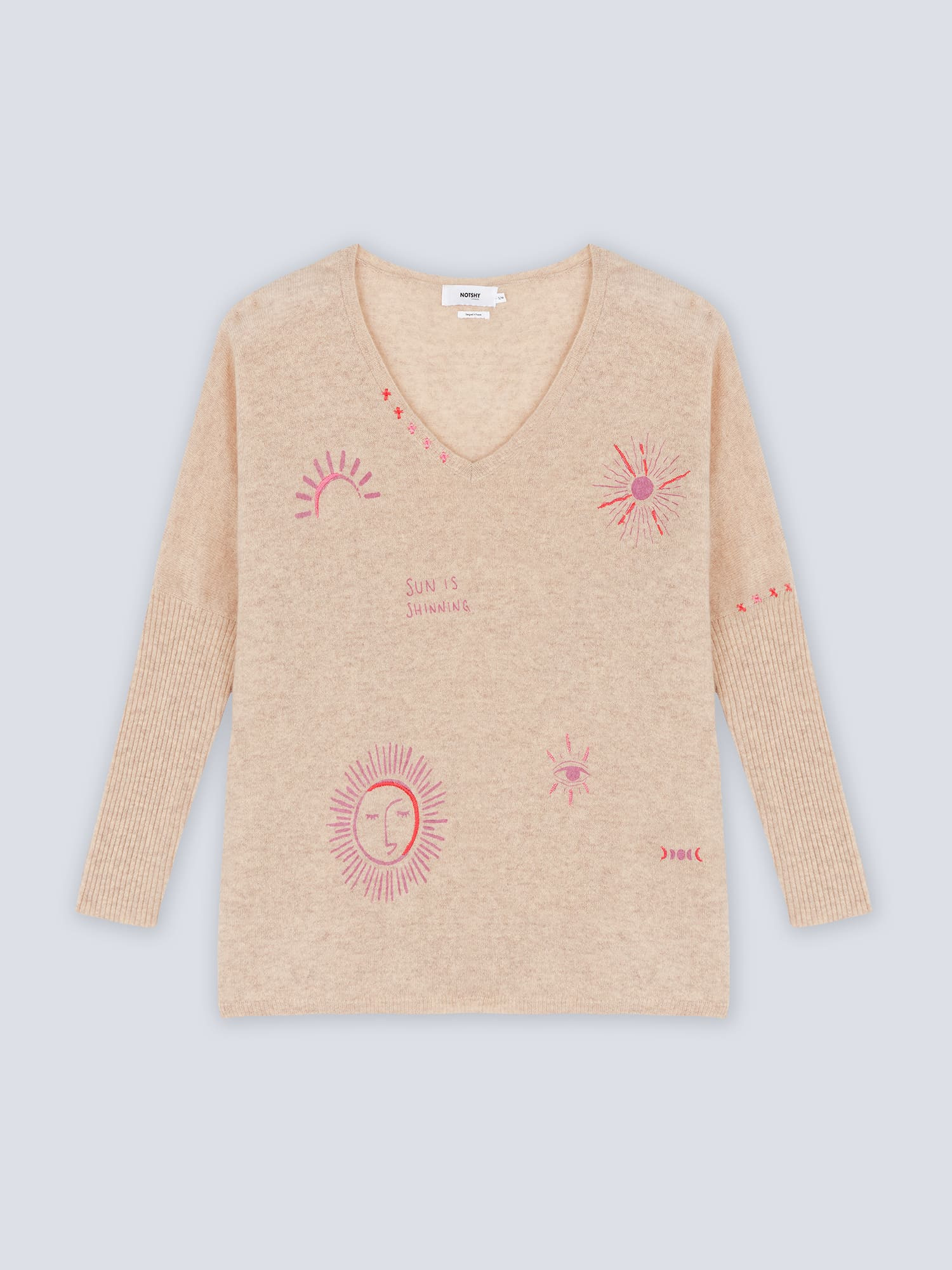 Pull poncho cachemire col V artwork Desert BEIGE_CHINE_ROSEBLOOM