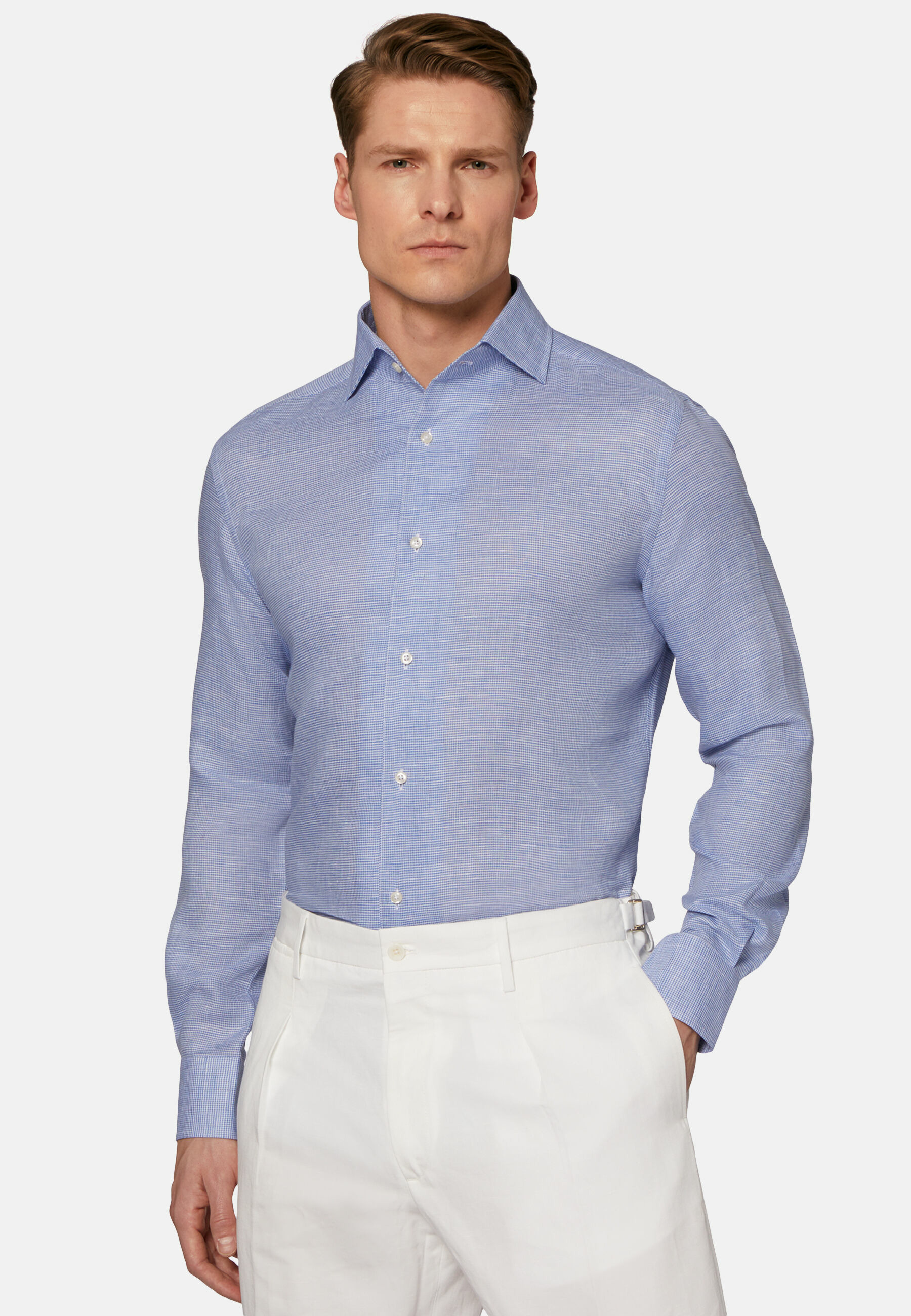 Chemise Bleu Clair Pied-De-Poule En Coton Coupe Droite