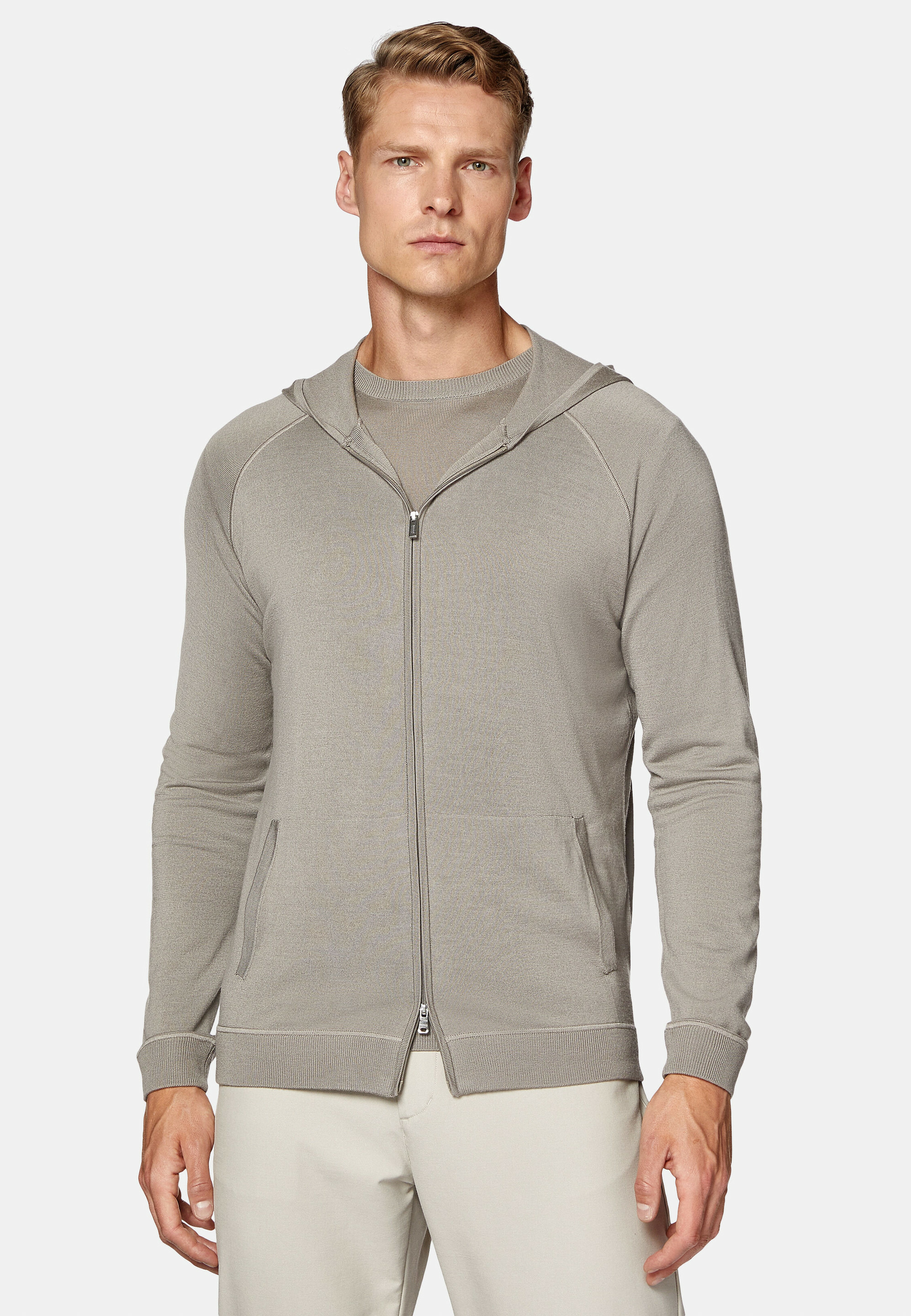 Pull Full Zip Taupe À Capuche En Laine Mérinos
