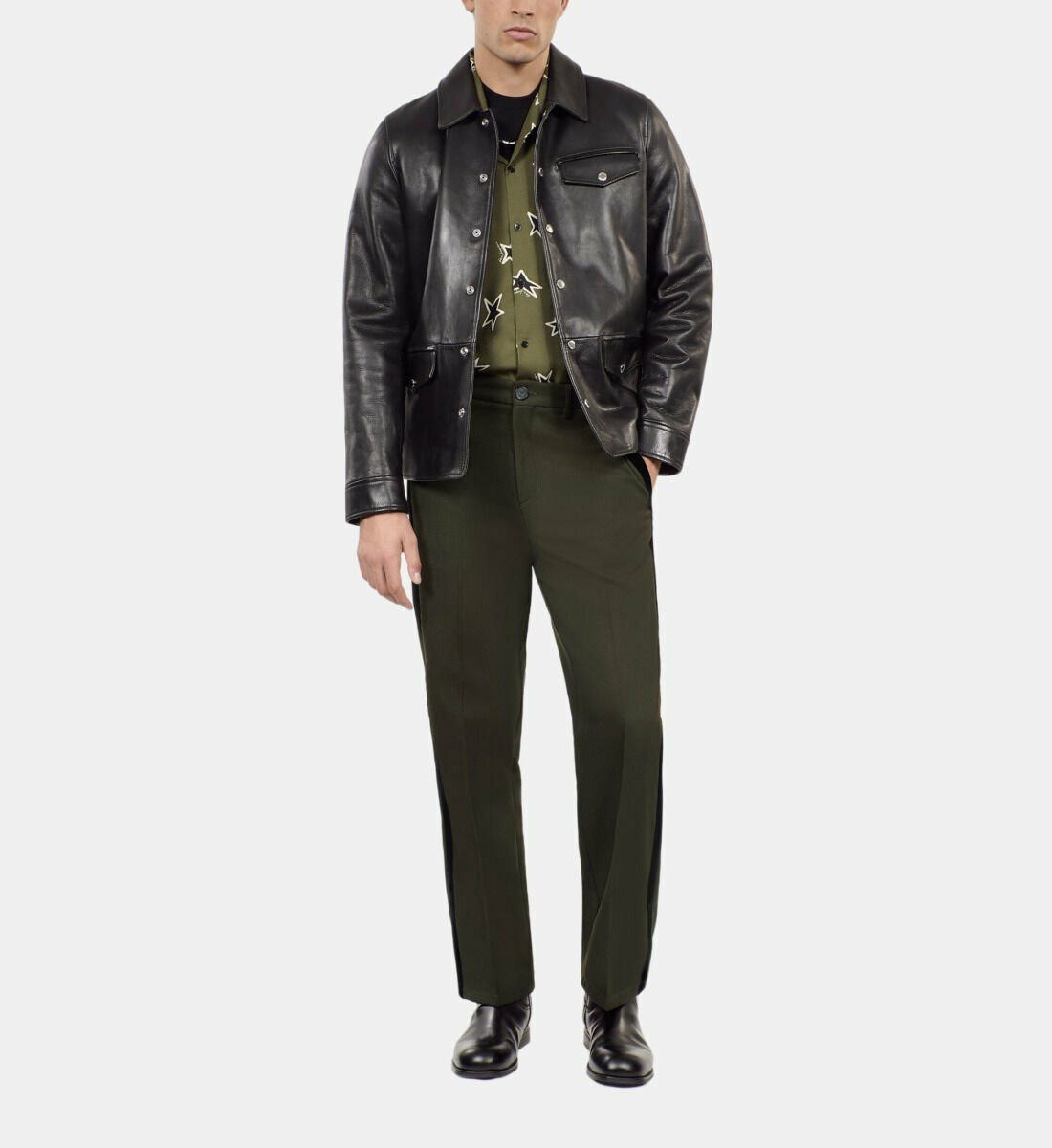 Pantalon Large En Laine Mélangée Kaki Homme