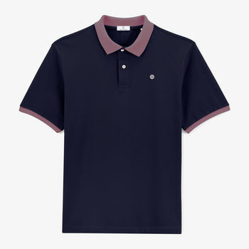Polo piqué manches courtes en coton bleu navy col pourpre