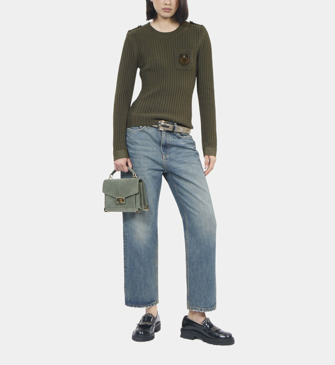 Pull En Maille Côtelée Kaki Femme