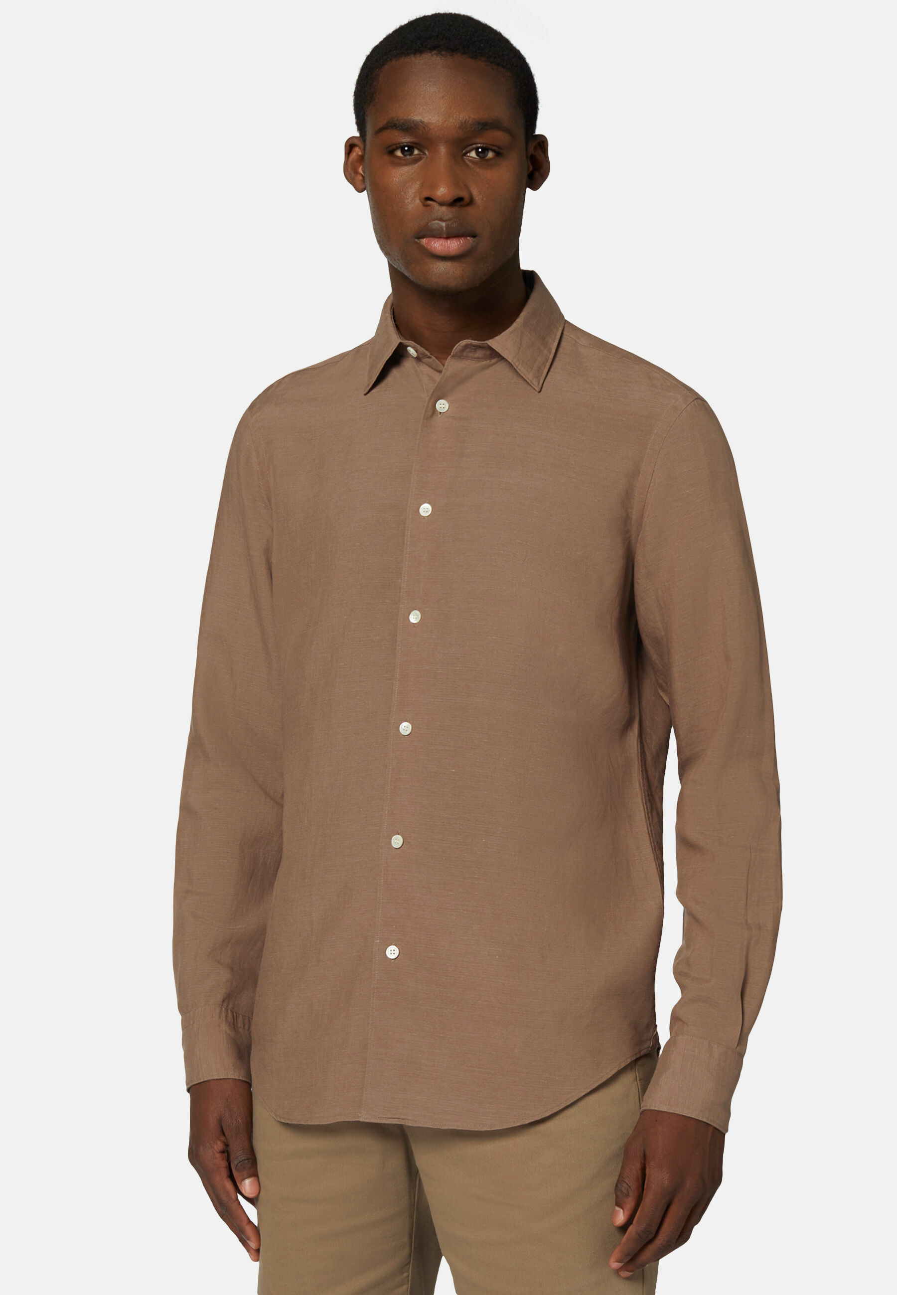 Chemise Marron En Tencel Lin Coupe Droite