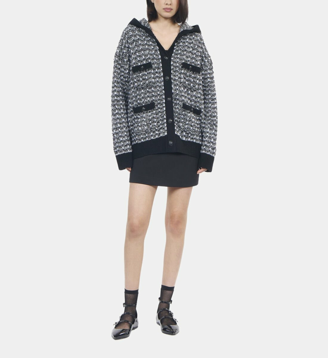 Cardigan À Capuche En Tweed Noir Et Blanc Femme