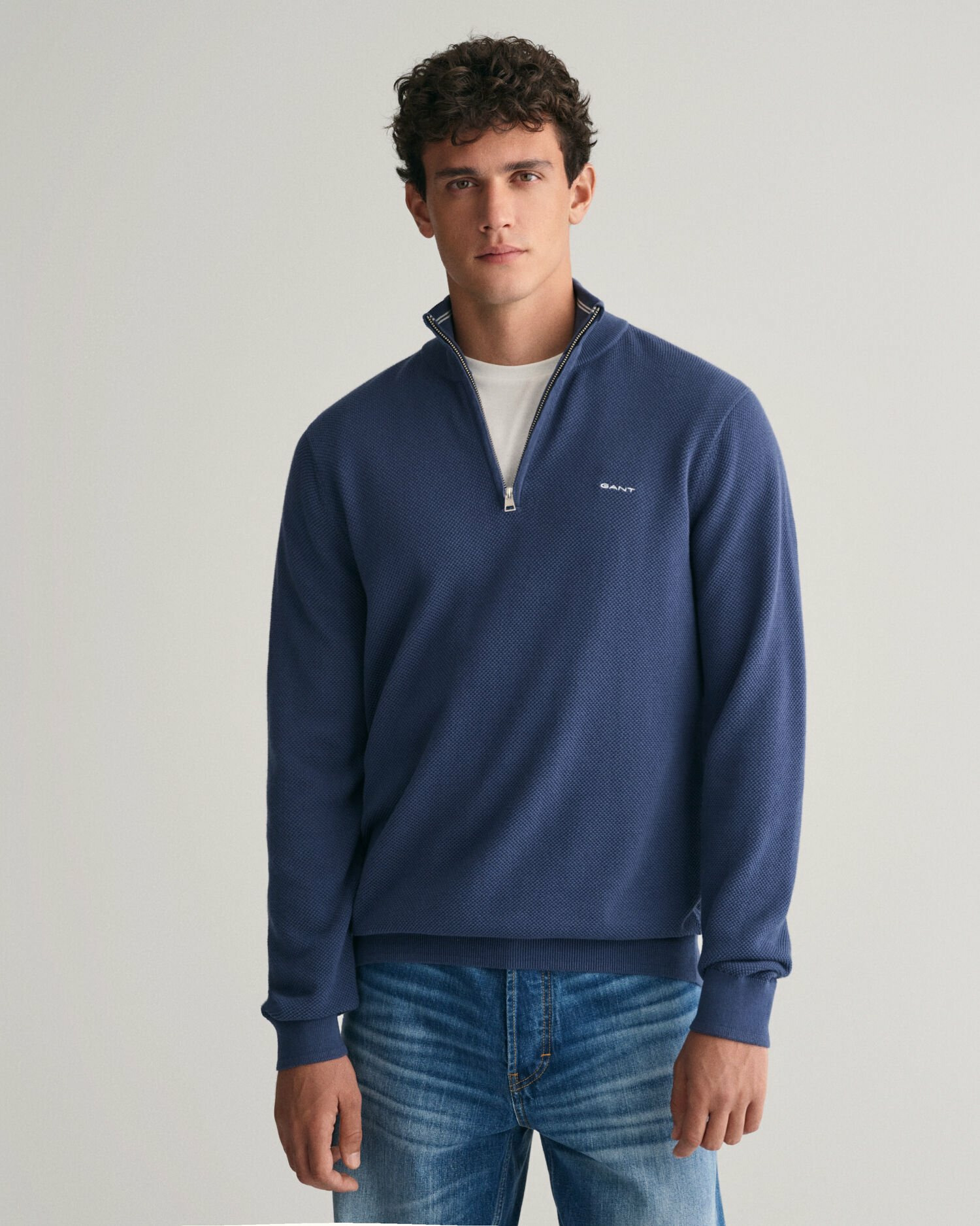 Pull à demi-zip en coton piqué