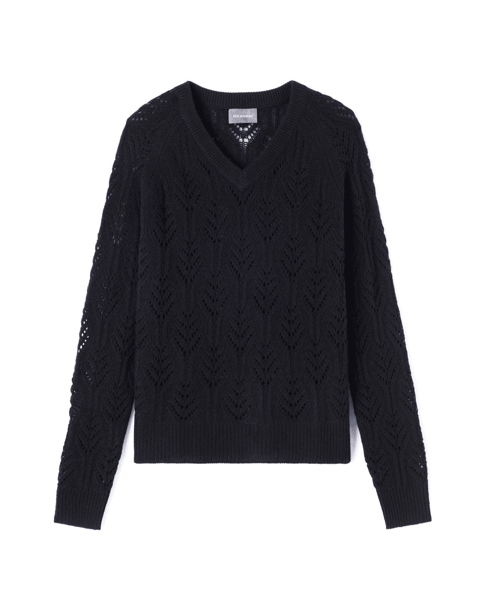 Pull V ample torsades et pointelle - Femme - NOIR
