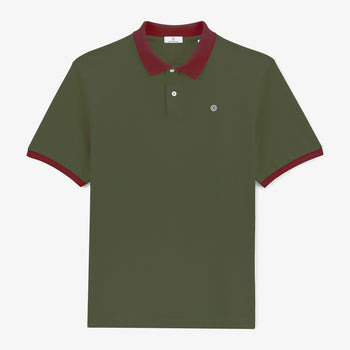 Polo piqué manches courtes en coton vert army col merlot