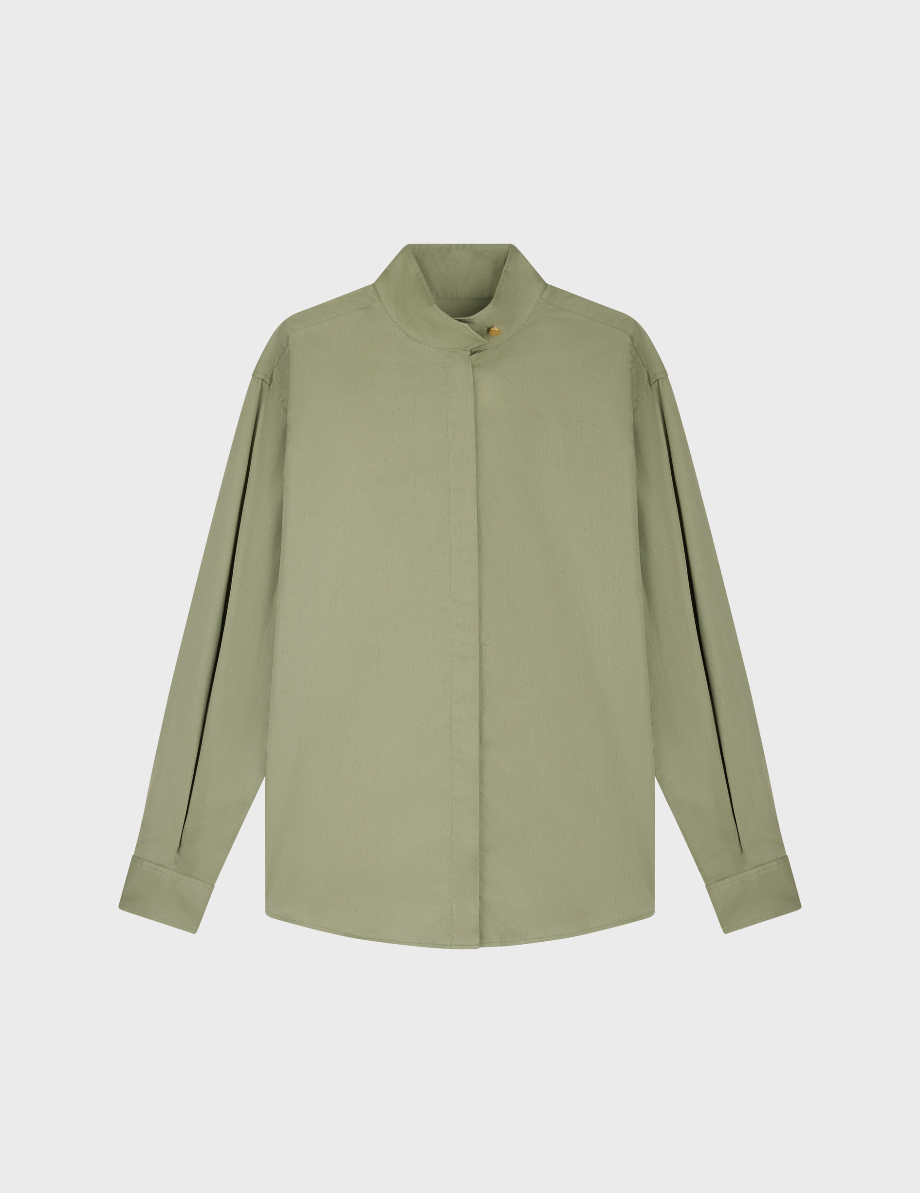 Chemise innaée col droit montant avec patte de boutonnage en satin de coton uni kaki